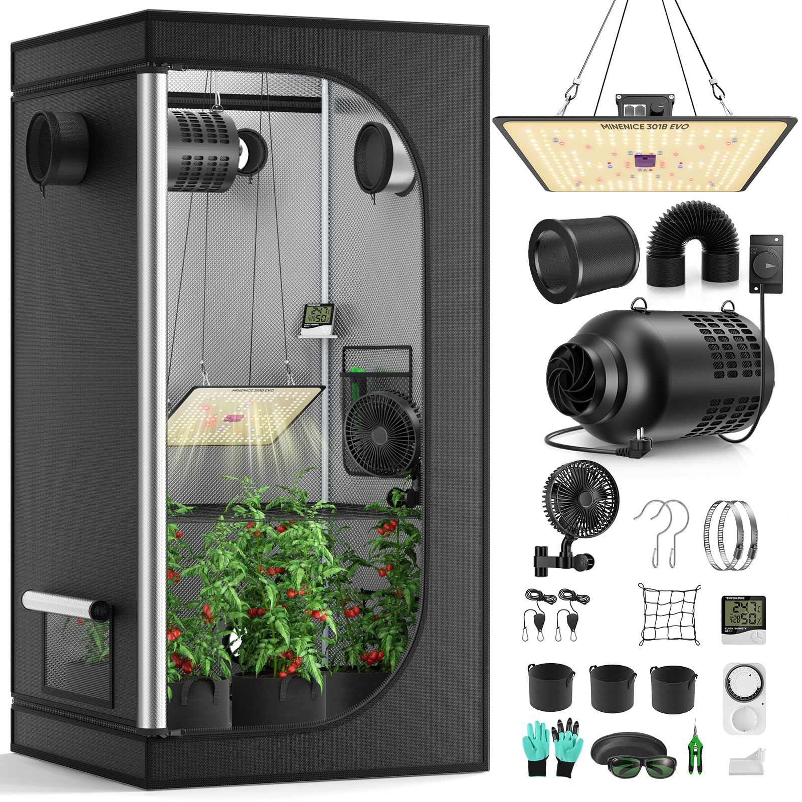 Growzelt Komplettset mit M1000 LED Vollspektrum Grow Lampe 60x60x140cm Grow Tent 4" 215 CFM 3000RPM Ruhiges und Effizientes Belüftungssatz, 4-Gang-Lüfter, Hydroponics Indoor Growing Tent Set