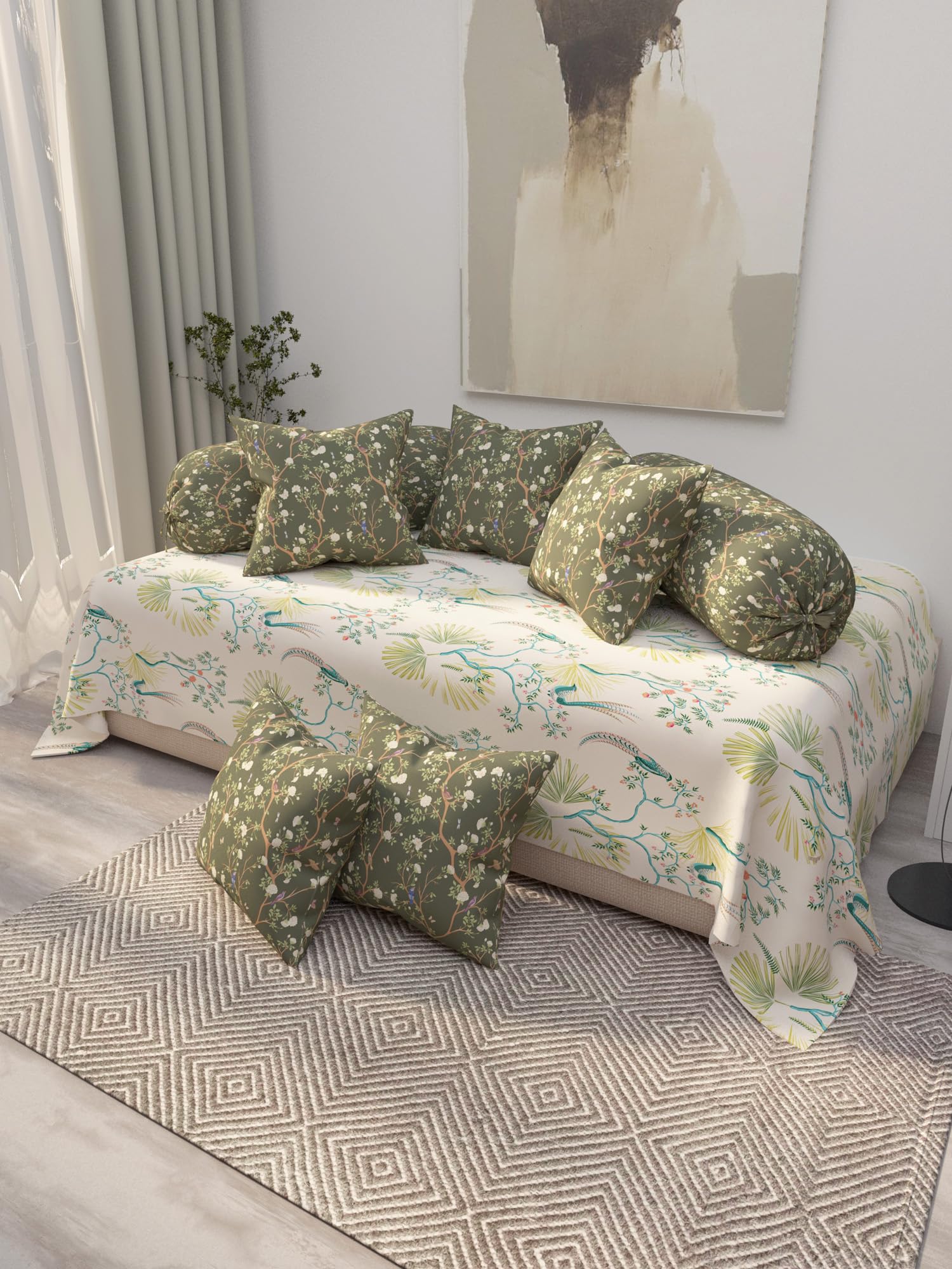 EVER HOME Diwan Set Covers Cotton 8 Pieces Pure Cotton Digital Printed Standard Diwan Set (1 Single Bedsheet, 2 Bolster Covers, 5 Cushion Covers)-image-36