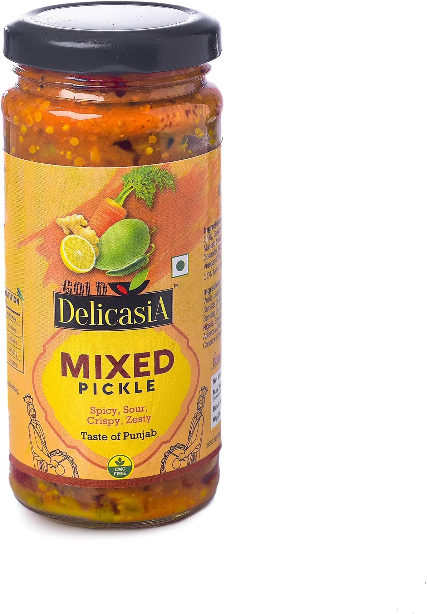 DELICASIA GOLD MIXED VEG PICKLE 250 gm BRAND OF SR's. INDIAN FLAVOR. NO ARTIFICIAL COLOR AND FLAVORS. GLUTEN FREE. 77 YEARS OF TRUST