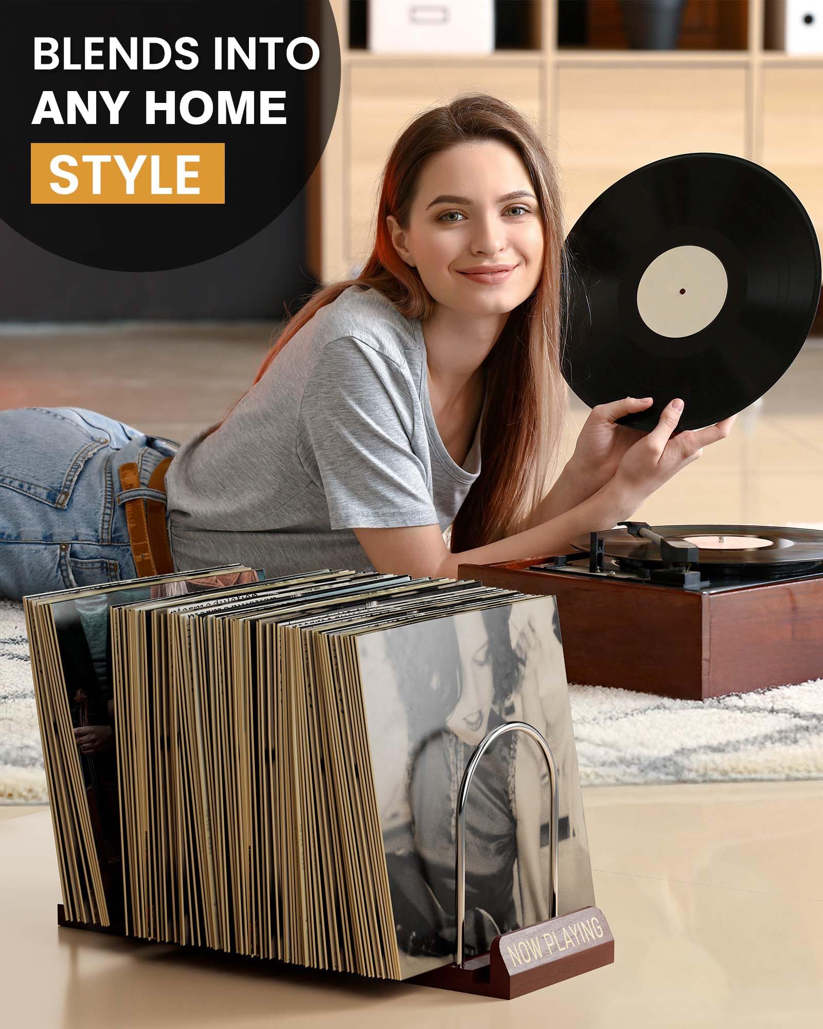 BS-VOG Schallplatten Aufbewahrung, erweiterbarer Schallplattenständer für 30-70 LPs, Now Playing Plattenständer, Vinyl Halter aus Holz & Metall, für Zuhause & Musikliebhaber