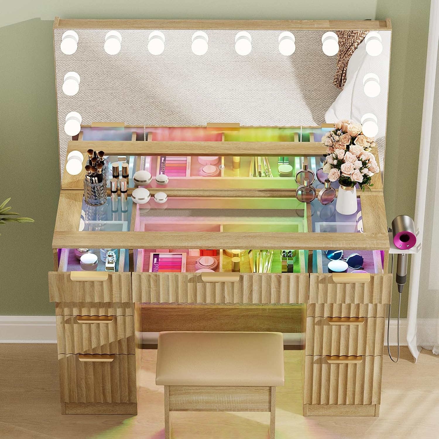 VOWNER Vanity with Mirror and Lights, 43" Makeup Vanity Desk with LED Light, Glass Top Vanity with RGB Drawers, 3 Color Lighting Modes Adjustable Brightness, Makeup Table for Bedroom, Oak