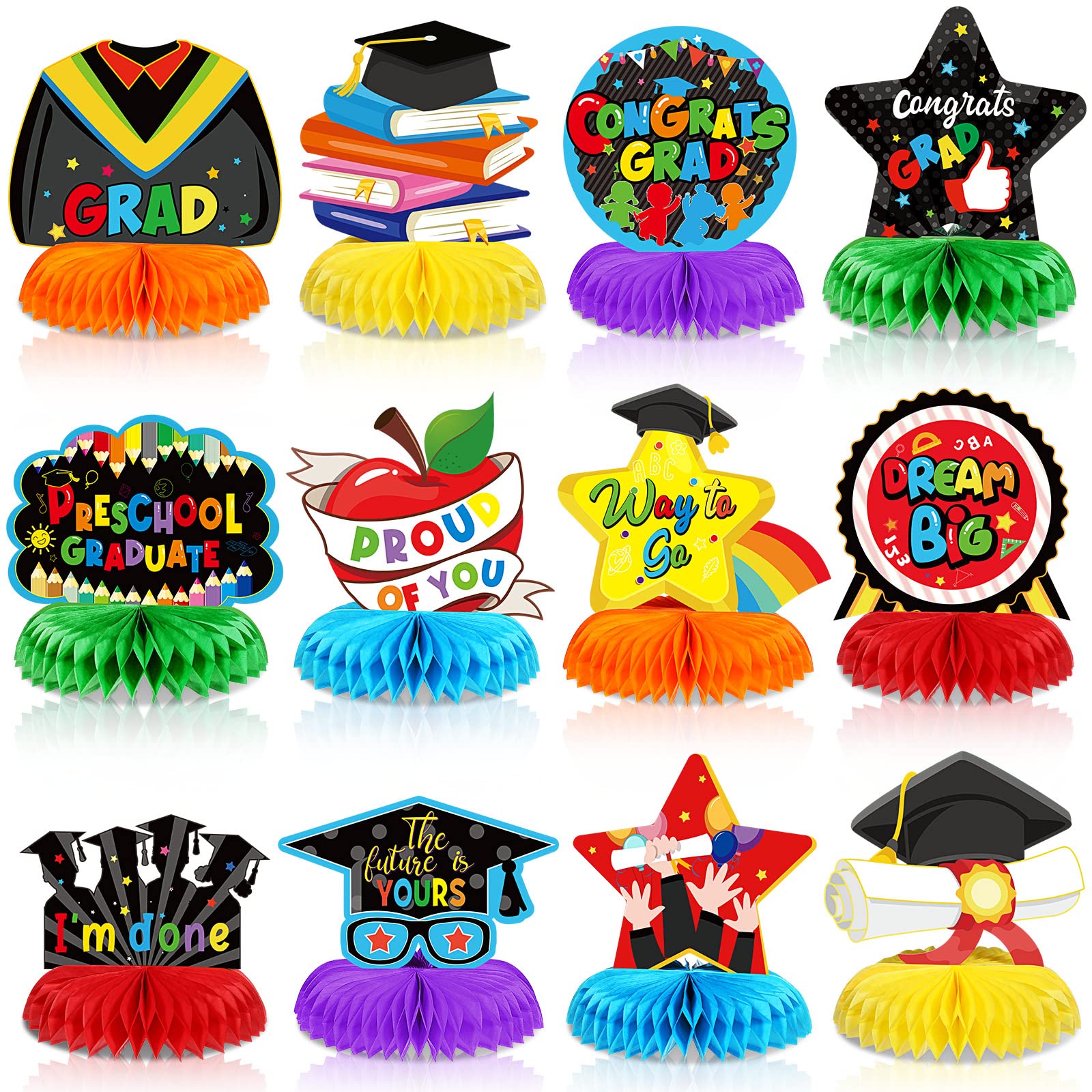 Outus 12 Pcs Preschool Graduation Party Decorations 2026 Kindergarten Graduate Party Honeycomb Centerpieces Congrats Grad Table Toppers for Class of