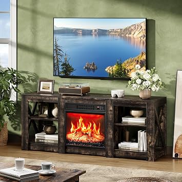 VINGLI Fireplace TV Stand for up to 70 inch TVs, Farmhouse Entertainment Center with Electric Fireplace Heater & Adjustable Shelves, Fireplace Media Console Table for Living Room, Black