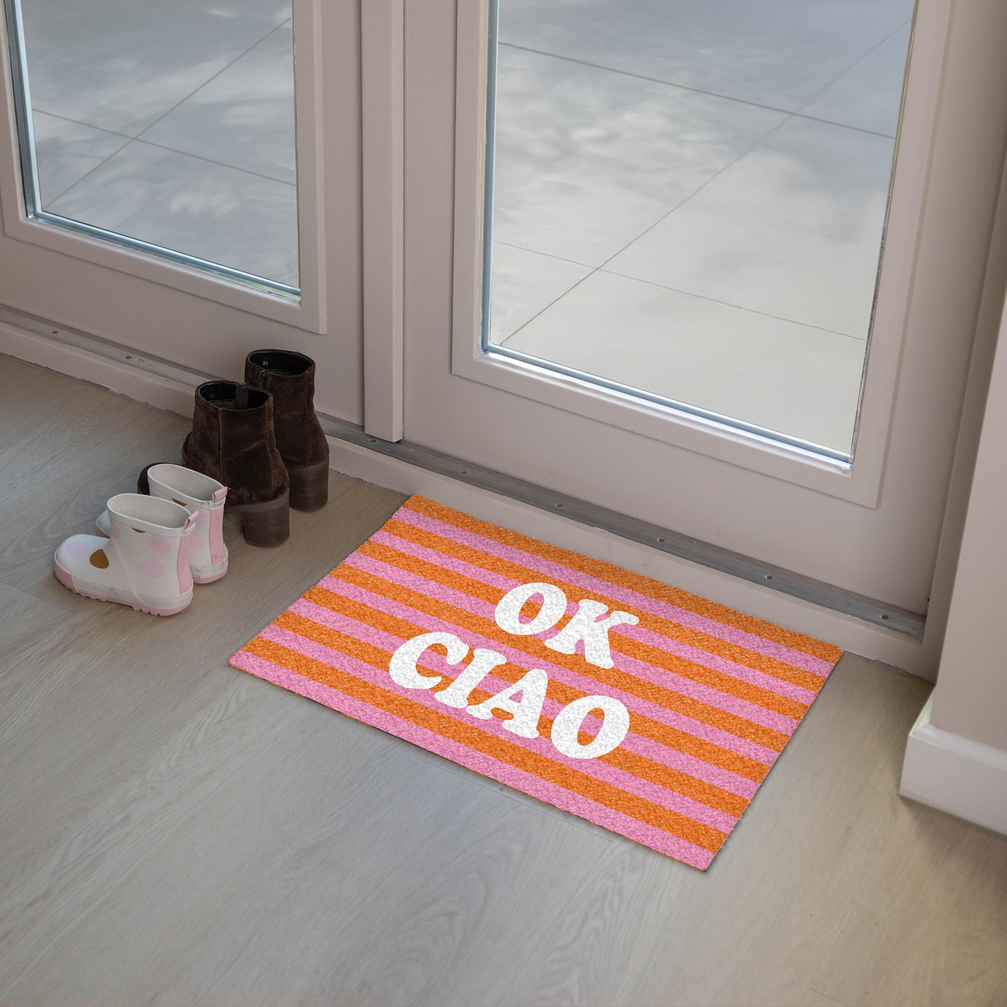 MuchoWow© Fussmatte innen Schmutzfangteppich türmatten Eingang Abtreter Tür | 40x60 cm - Matte für Schuhe Balkon Haustür dünne Schmutzläufer Ciao - Zitat - Streifen