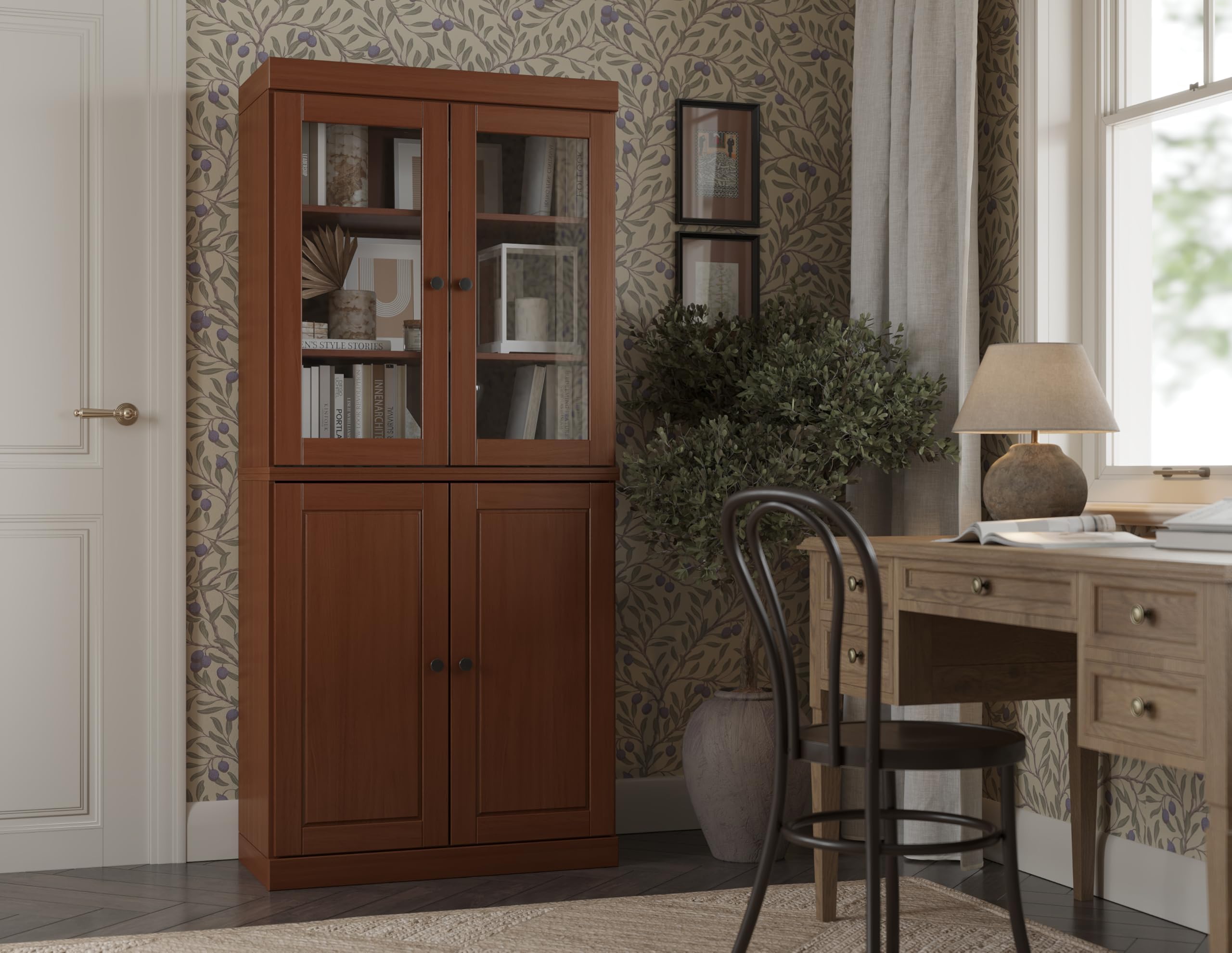 - Palace Imports Solid Wood Bookcase - 6-Tier Tall Bookshelf, 71.5” H x 32” W - Mocha, Clear Glass Display Doors with Storage Cabinet for Living Room, 100% Renewable Eco-Friendly Wood, Made in Brazil
