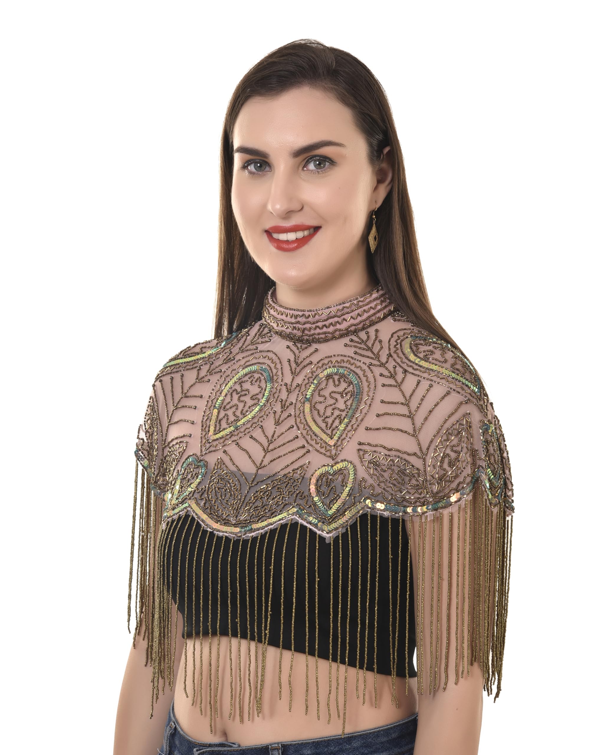Women's Net Cape, Round Poncho with Beaded Embroidery, Sleeveless-image-34