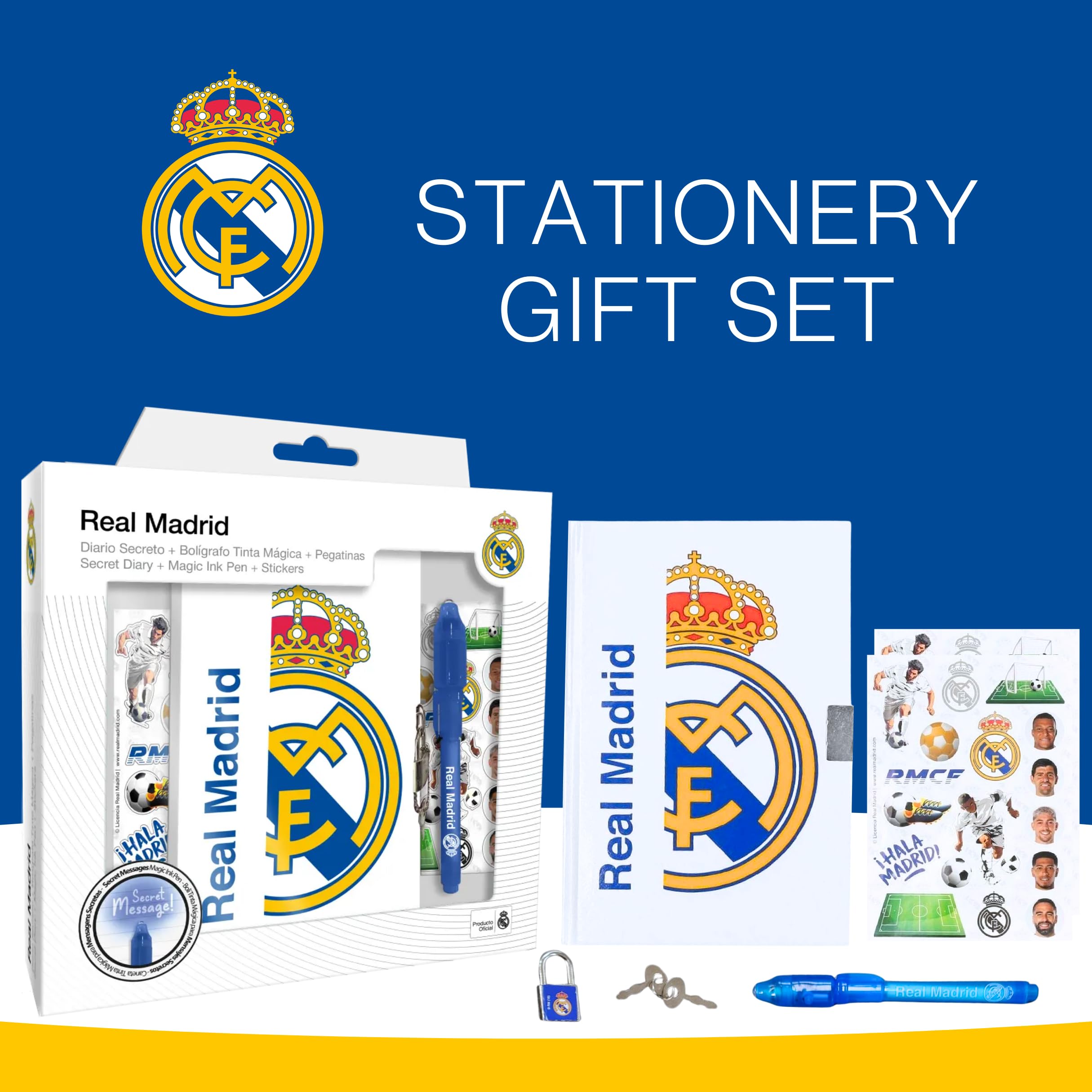 CF REAL MADRID Juego de Papelería para Niños, Incluye Cuaderno Boligrafo Pegatinas y Candado con Llaves, Regalo para Niños
