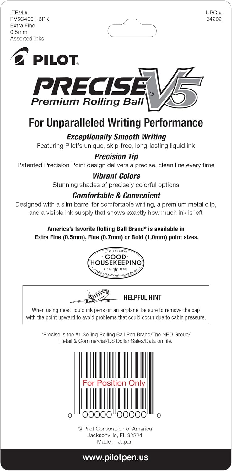 PILOT Precise V5 Stick Liquid Ink Rolling Ball Stick Pens, Extra Fine Point (0.5mm) Black Ink, 5-Pack (26010)