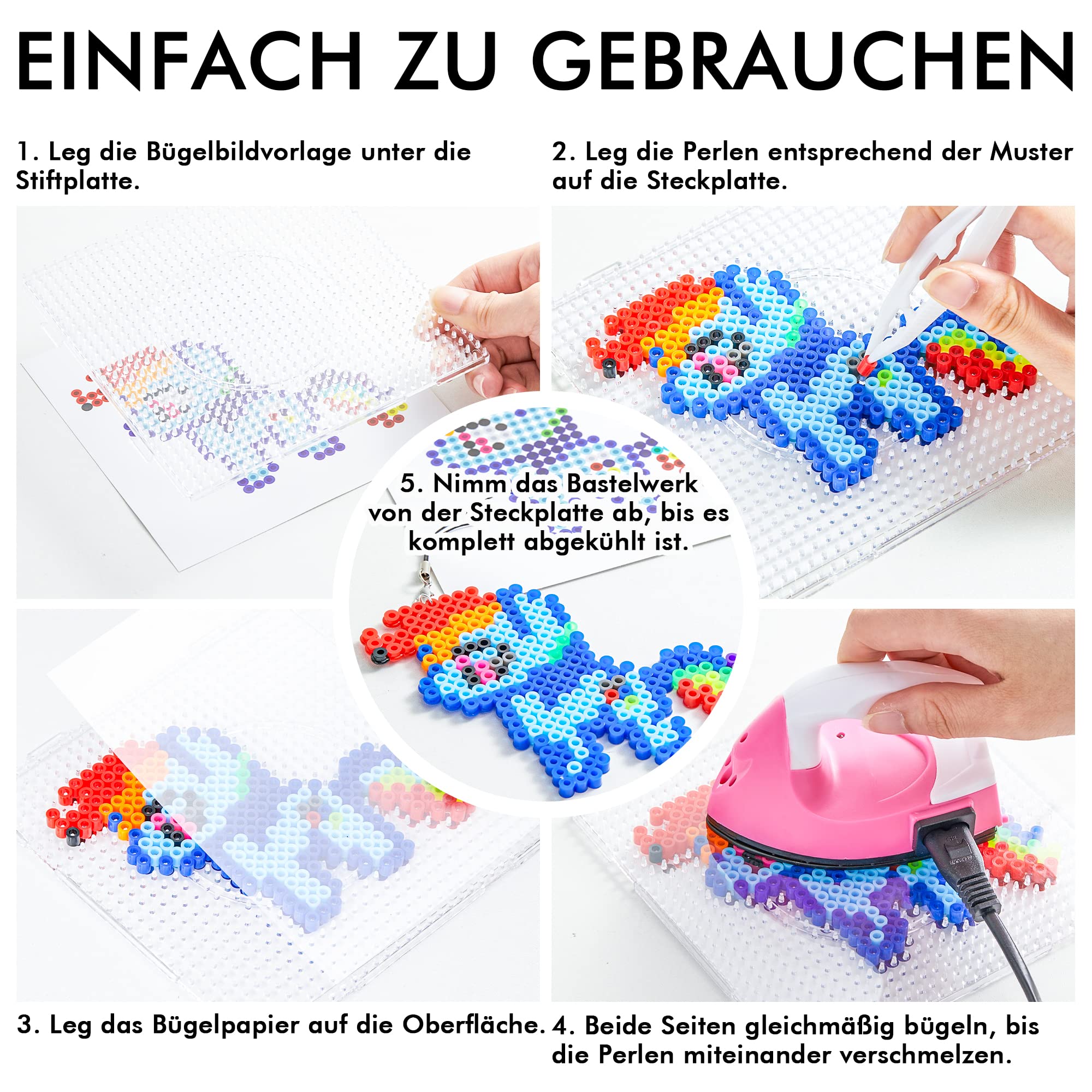 INSCRAFT Bügelperlen Set, 25000 teilige große Bügelperlen 5mm, 26 Farben Bügel perlen xl, Bügel-perlen groß mit 10 Bügelpapier, 127 perlen Vorlagen & 4 Bügelperlen Platten, Steckperlen ab 3 jahre