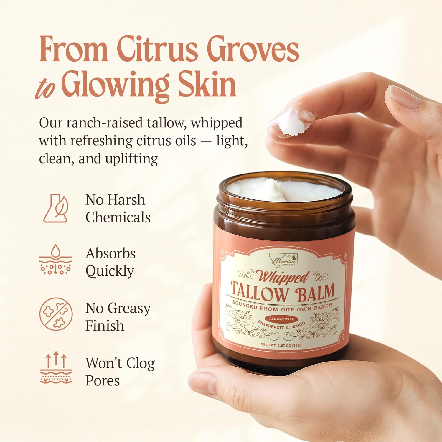 Beef Tallow Skin and Face Balm – 100% Grass Fed Whipped Tallow Balm, Natural Manuka Honey Infused Face Moisturizer, Grapefruit and Lemon 2.67 oz