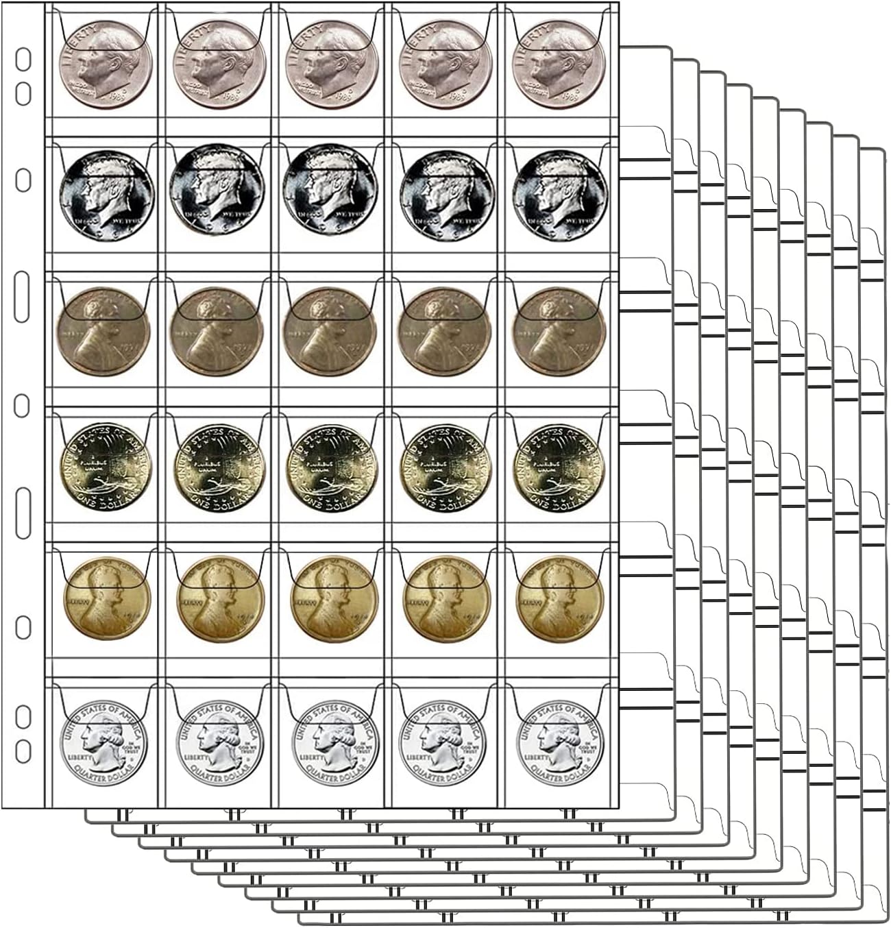 30-Pocket Coin Pocket Pages, AITIME Stander 9-Holes Coin Sleeves Holders for Collectors, 10 Sheets Nickle Dime Quarter Storage Book Refills to Insert Small Coin Stamp Collection