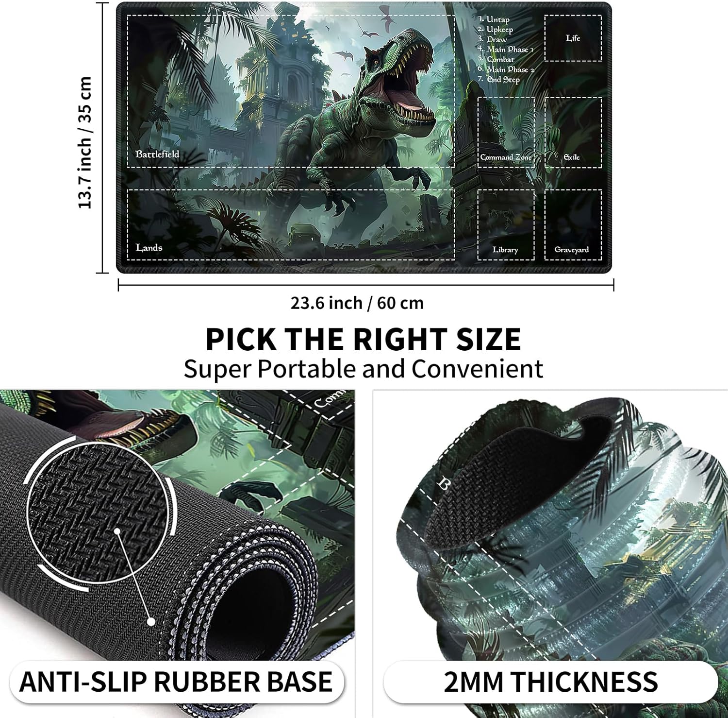 Playmat with Zones for MTG Card Game Playing, Game Mats Tabletop Magic Play Mats 24"x14" Commander Deck Gaming Desk Duel Mat Card Gameplay Mats for Beginner, Dinosaur T-Rex in Jungle