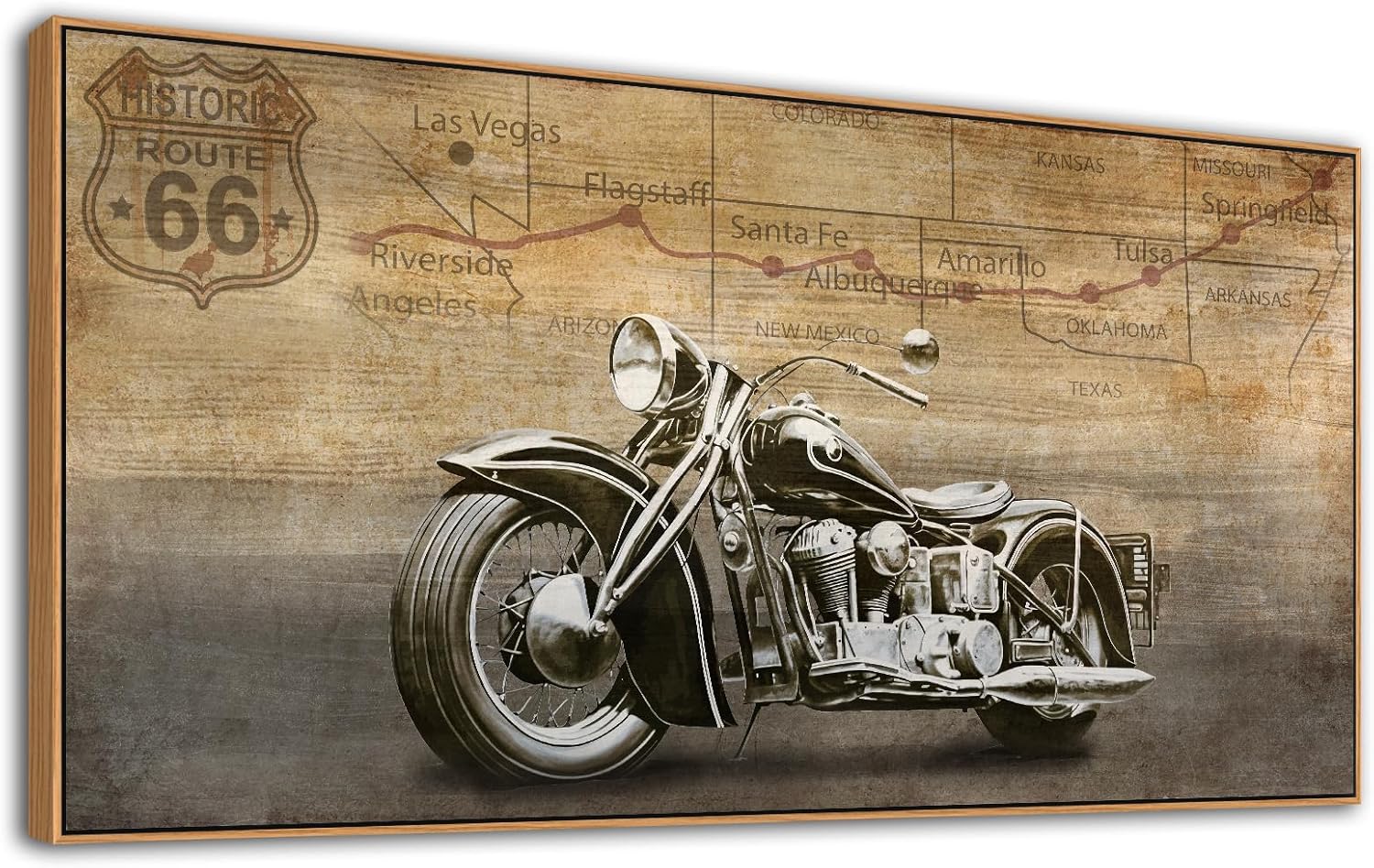 Framed Motorcycle Canvas Wall Art - Historic Route 66 Retro Vehicle Pictures for Men Boys Bedroom Wall Decor Modern Motorcross Canvas Print Artwork Home Office Wall Decoration 20" x 40"