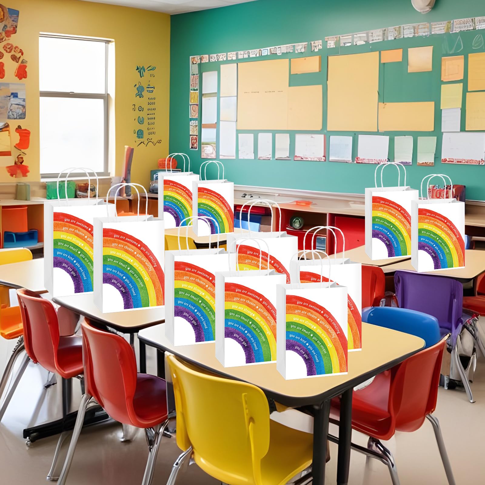 Coume 12 Pcs End of The Year Gifts Bags for Students Bulk Inspirational Colorful Paper Bags with Handle for Primary School Classroom Prize Kindergarten Preschool, 5.9 x 3.15 x 8.27 Inch (Rainbow)