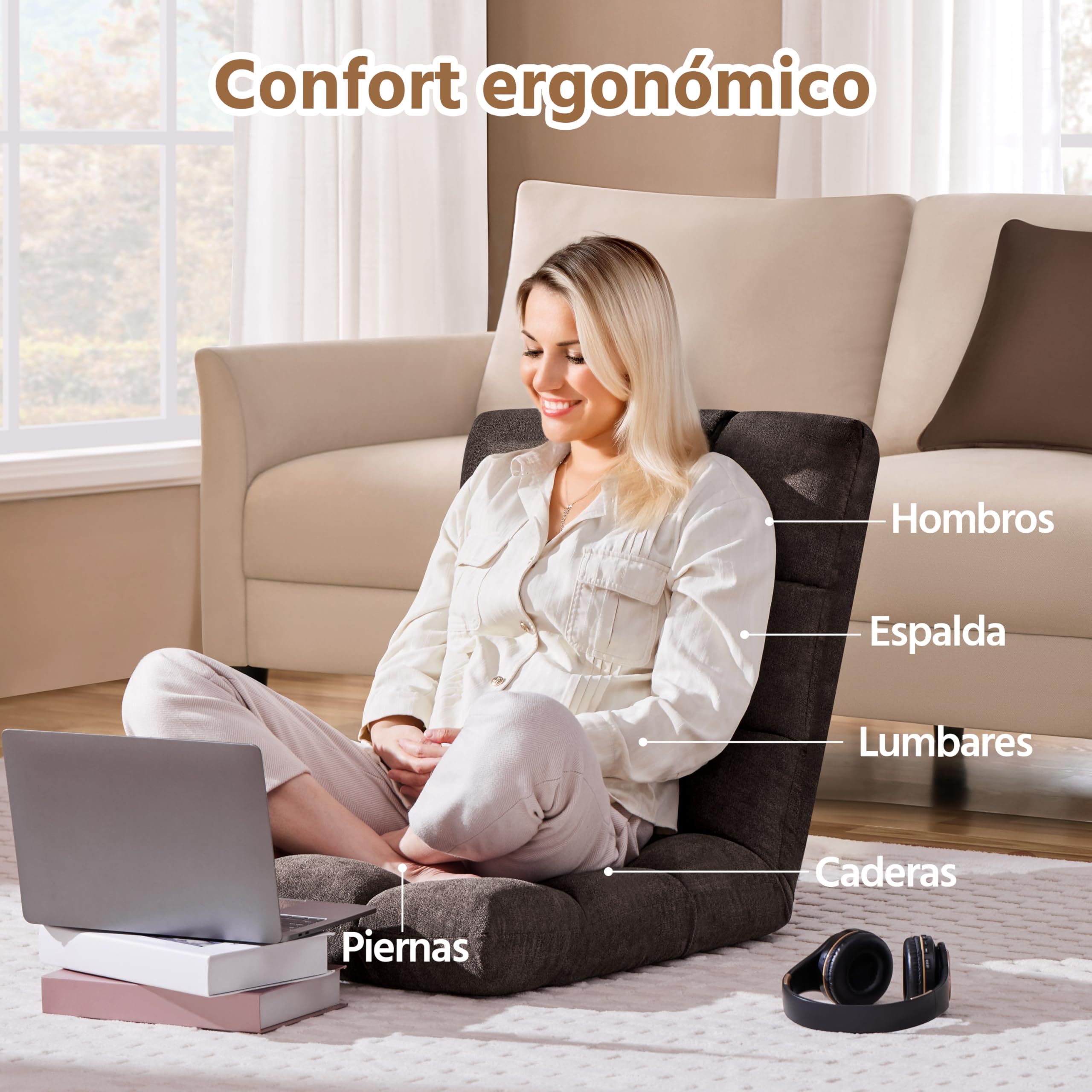 Yaheetech Silla de Suelo Plegable con Respaldo Ajustable 14 Posiciones Sofá Acolchado de Terciopelo para Meditación Lectura Gaming Asiento de Espuma 111,5 × 53 × 14 cm Marrón