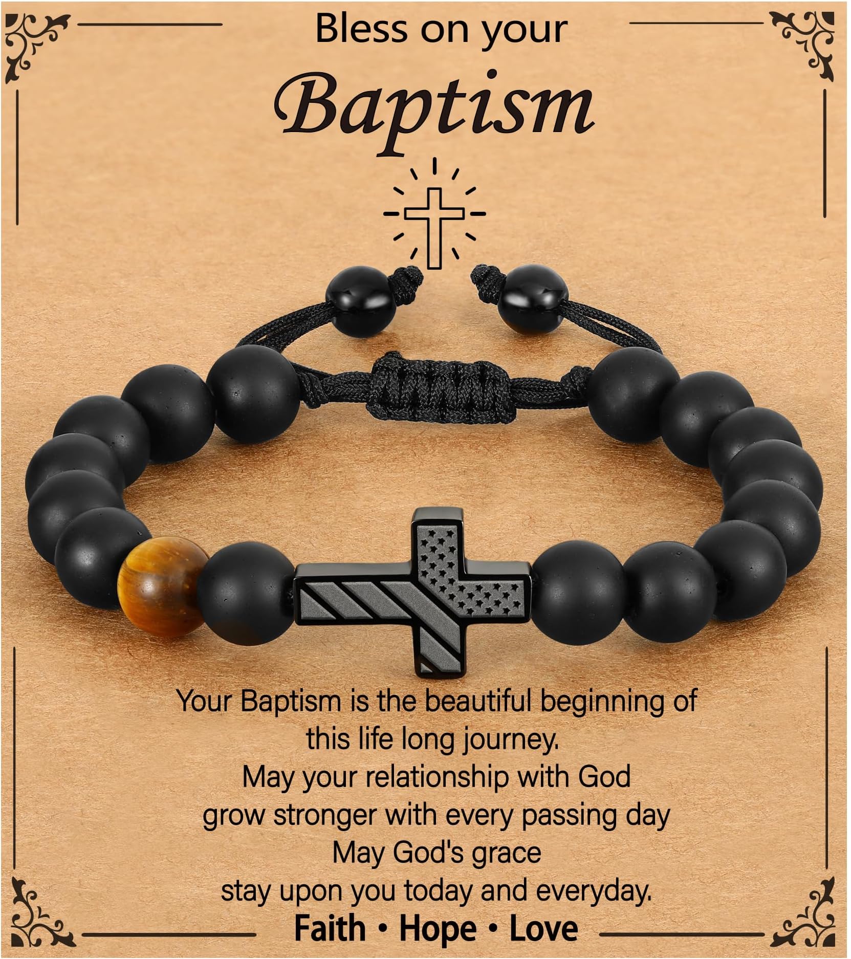 P. BLAKE First Communion Confirmation Baptism Gifts for Boys, American Flag Cross Natural Beads Bracelet Christian Religious Jewelry Gifts for Teen Boys Kids