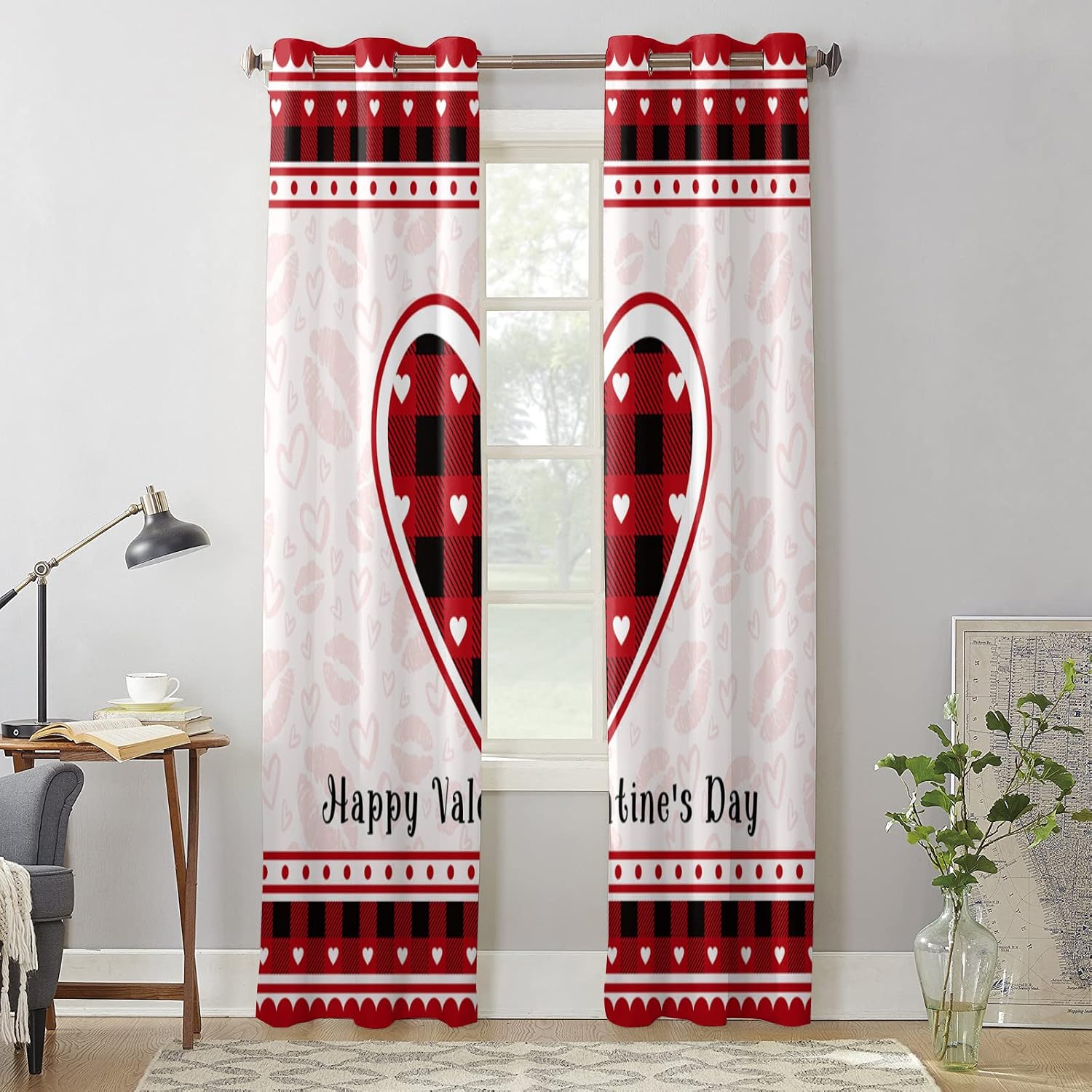 Valentine's Day Window Curtain Sweet Love Romantic Red Plaid Hearts Windows Drapes Panel, Chic Lips Texture Light Filtering Kitchen Cafe Curtains Drape Treatment Set of 2 with Grommet Top