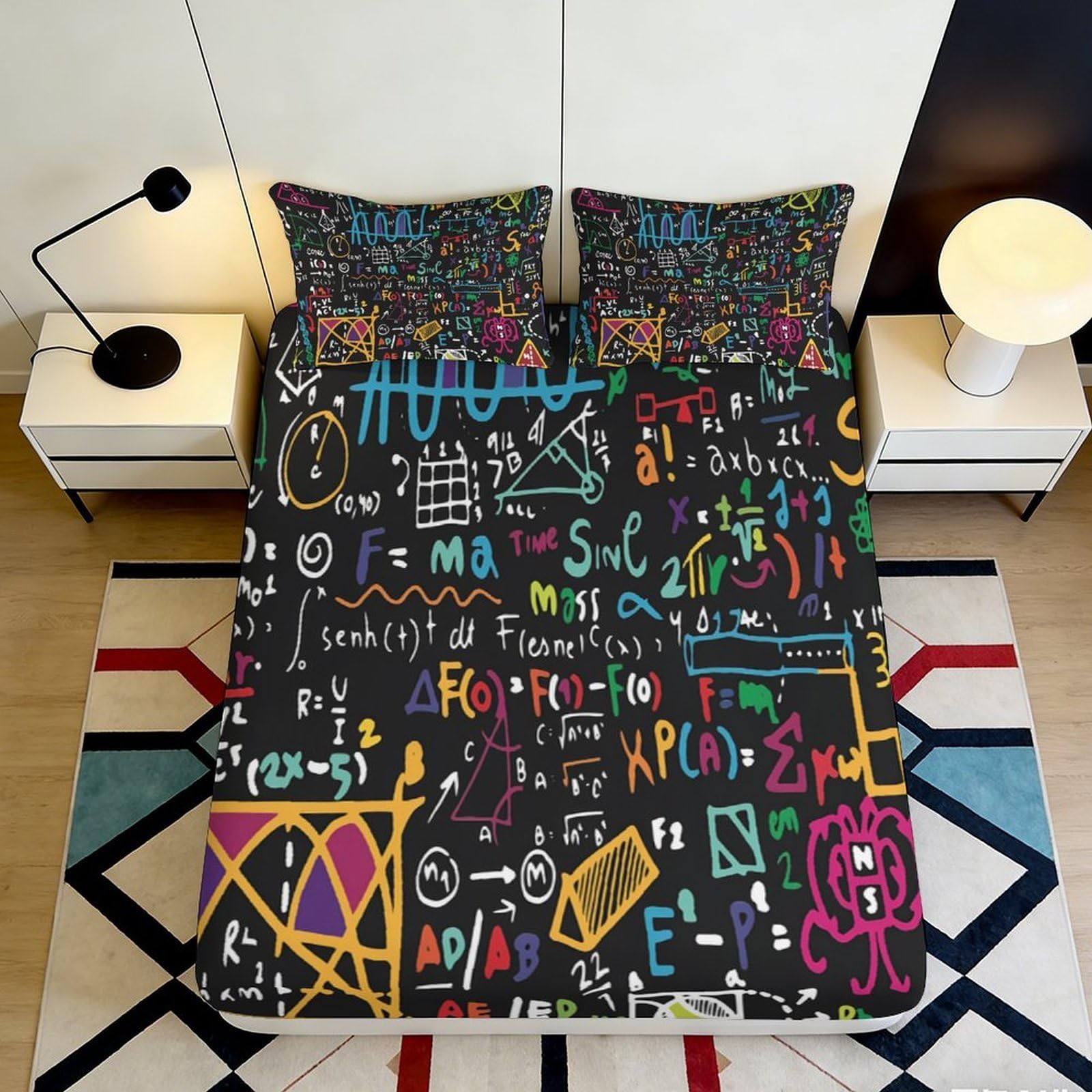 Jqzkxnhpbr Style-5 3D Printed Colorful Math Formula Fitted Sheet Microfiber Soft Artistic Graffiti Bed Cover For Bedroom Dorm Decor 90X200x25cm