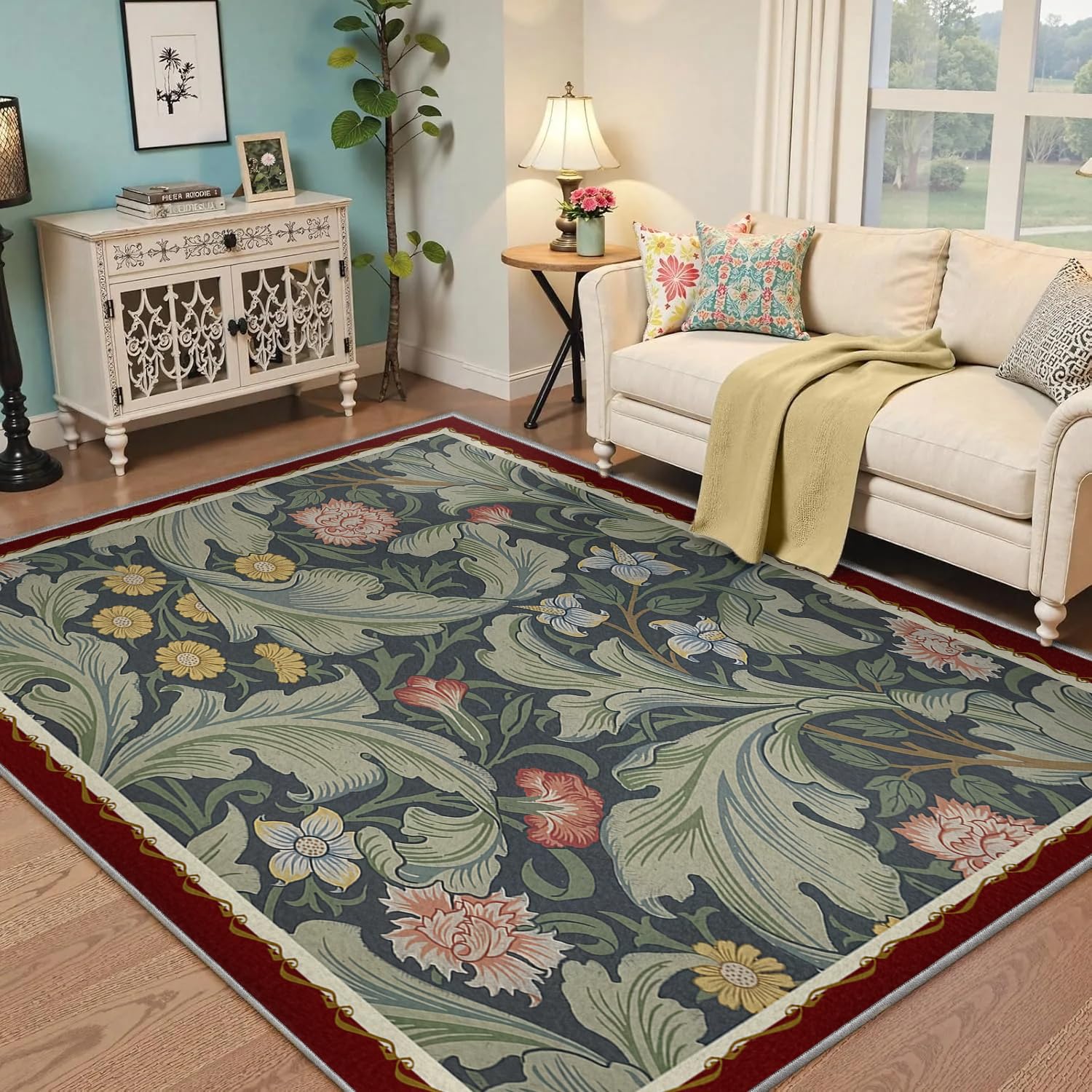 Dywan wiejski 60x120cm cienki zmywalny botaniczny antypoślizgowy do salonu sypialni kuchni podłoga kwiat wielokolorowy wzór zielonego liścia krótkie włosie w kratkę