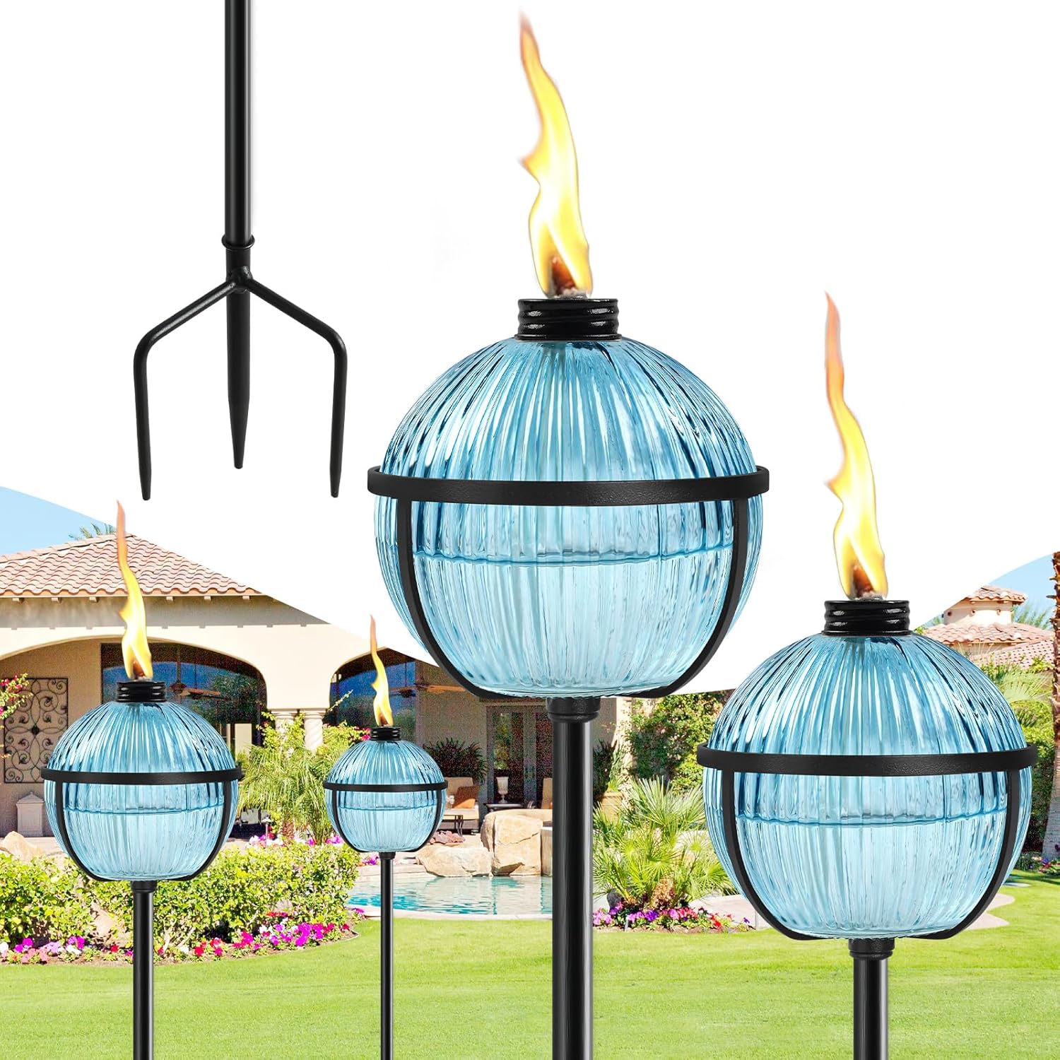 Citronella Torches Set of 4, 16 oz Blue Glass Garden Torches for Outside, 3-Prong Grounded Stake Outdoor Torches, 58.6 inch Outside Torch for Yard, Patio, Deck, Party