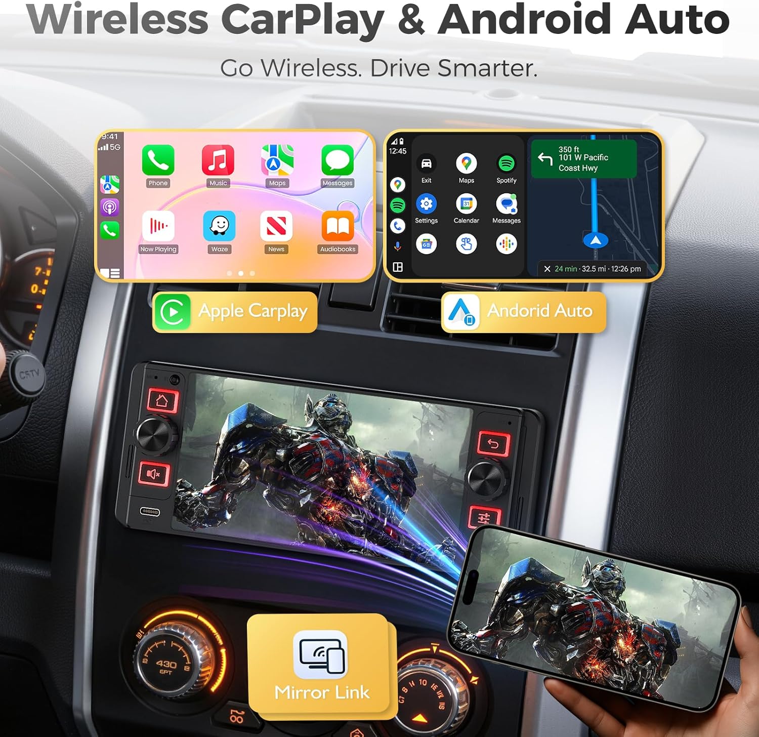 Single Din Car Stereo with Wireless Apple CarPlay and Android Auto, Single Din Touchscreen Radio Incell UHD Car Radio with 1080P Backup Camera, Mirror Link, Bluetooth 5.3, GPS, AM&FM, Type-C, EQ