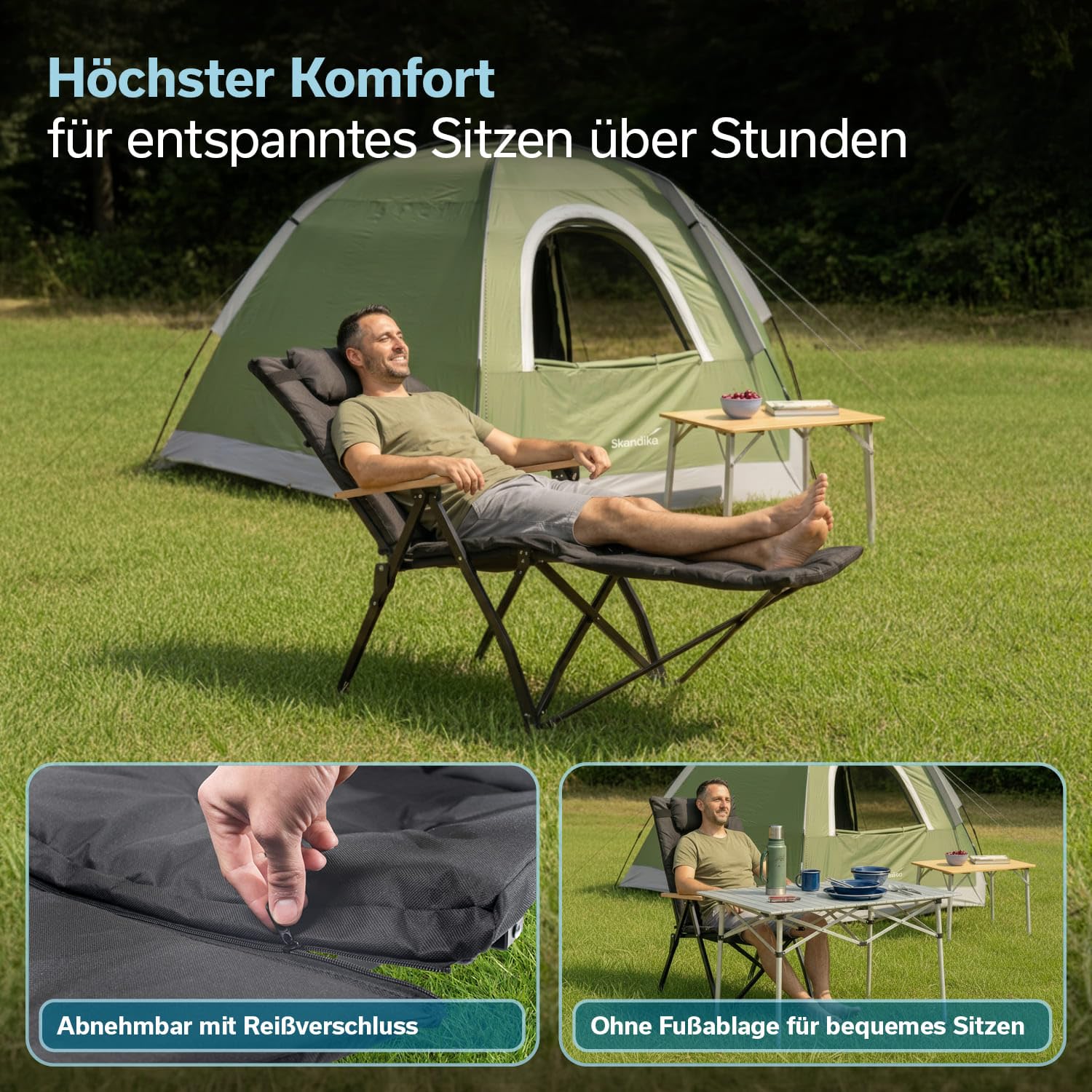 Skandika Campingstuhl Nojata Plus | Hochlehner faltbar, mit Fußablage & Kissen, 3-Fach verstellbare Rückenlehne, 120 kg belastbar | Stuhl klappbar, Klappstuhl für Camping, Garten, Festival, Balkon