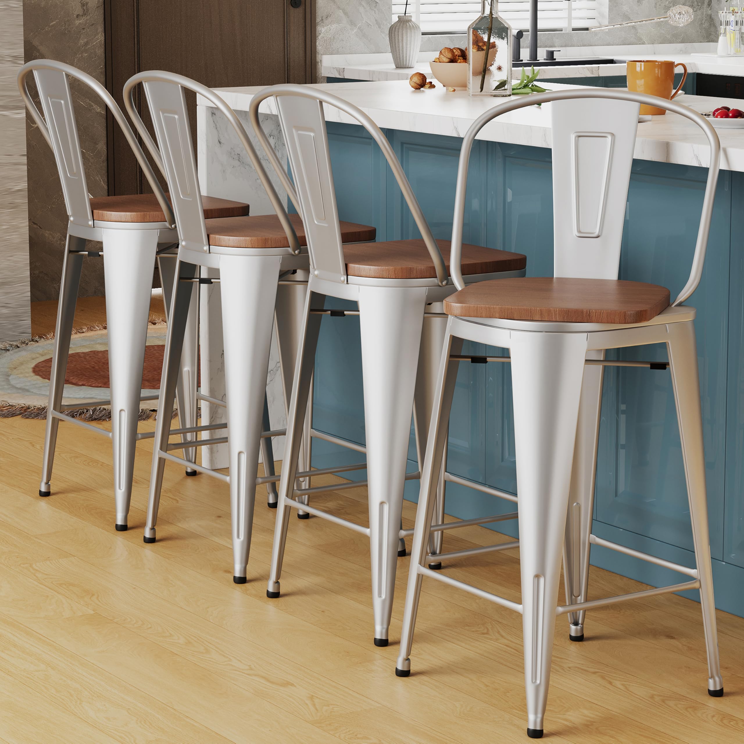 Alunaune 24" Swivel Metal Barstools Set of 4 High Back Counter Height Bar Stools Kitchen Dining Bar Chairs Industrial with Large Wooden Seat-Silver