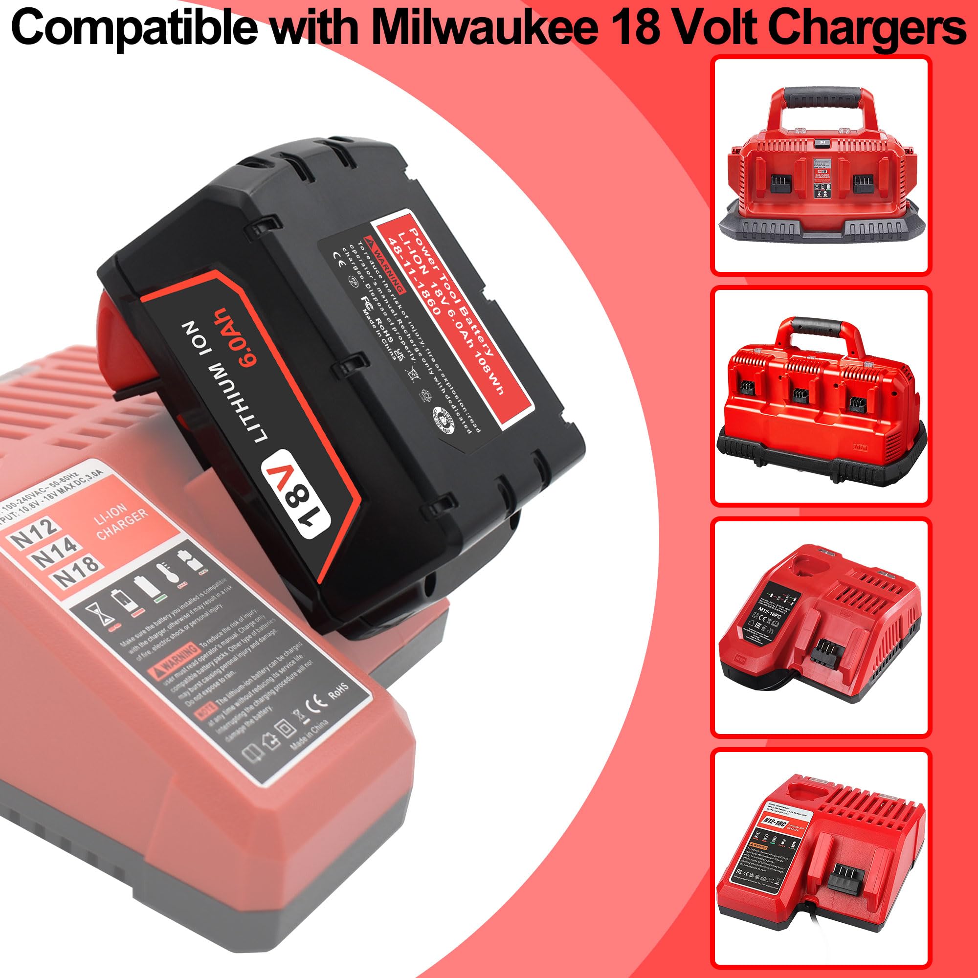 rebicacate M18 Battery 18V Replace for All Milwaukee M18 Battery 48-11-1850 48-11-1840 M18 M18B Cordless Power Tools Milwaukee 18V Battery Lithium-Ion 2 Packs 6.0Ah