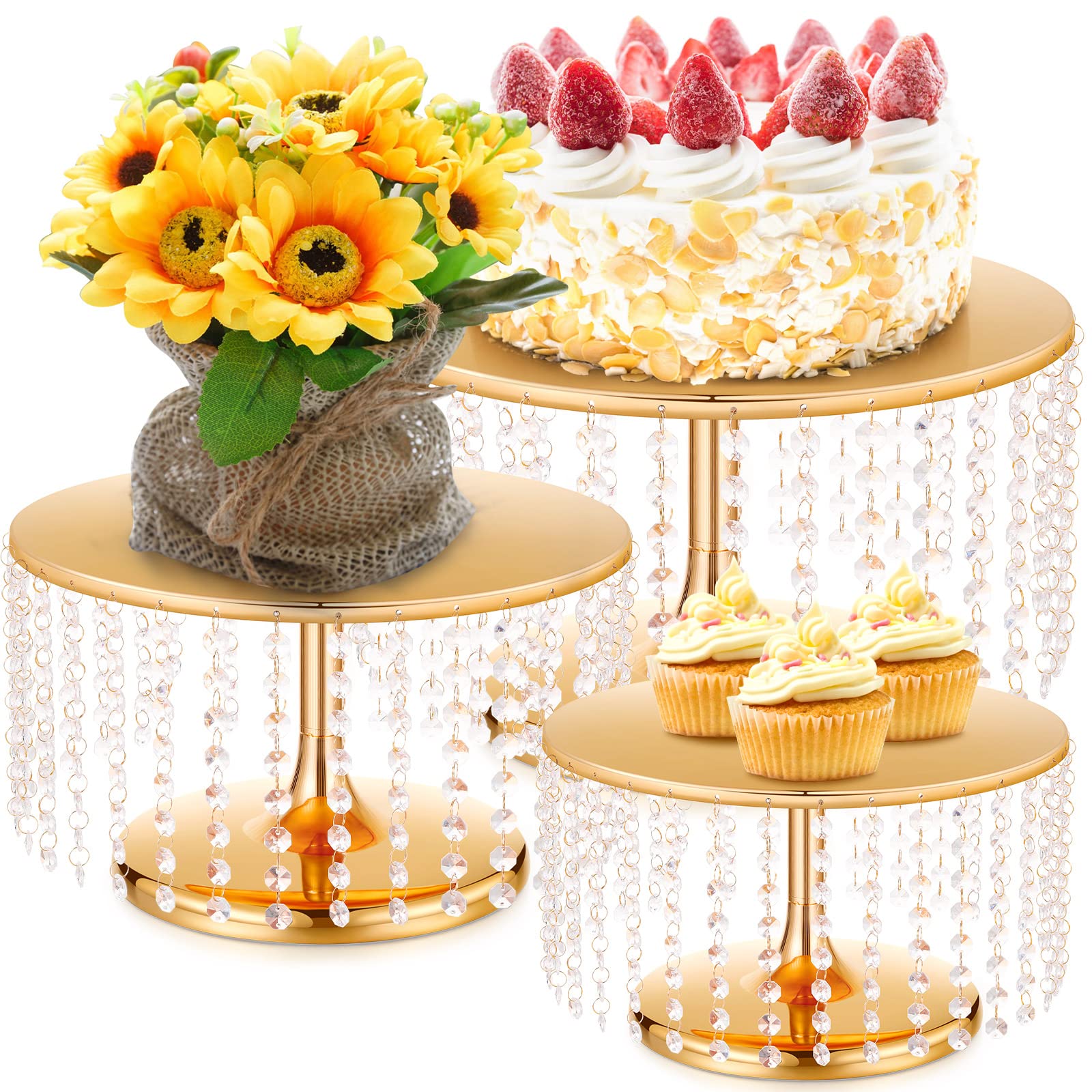Set of 3 Crystal Pendant Cake Stand Gold Dessert Table Display Set Metal Round Cake Plates Pedestal Hanging Crystal Cupcake Stand Pastry Candy Display Plate for Wedding Birthday Party, 12 14 15.7 Inch