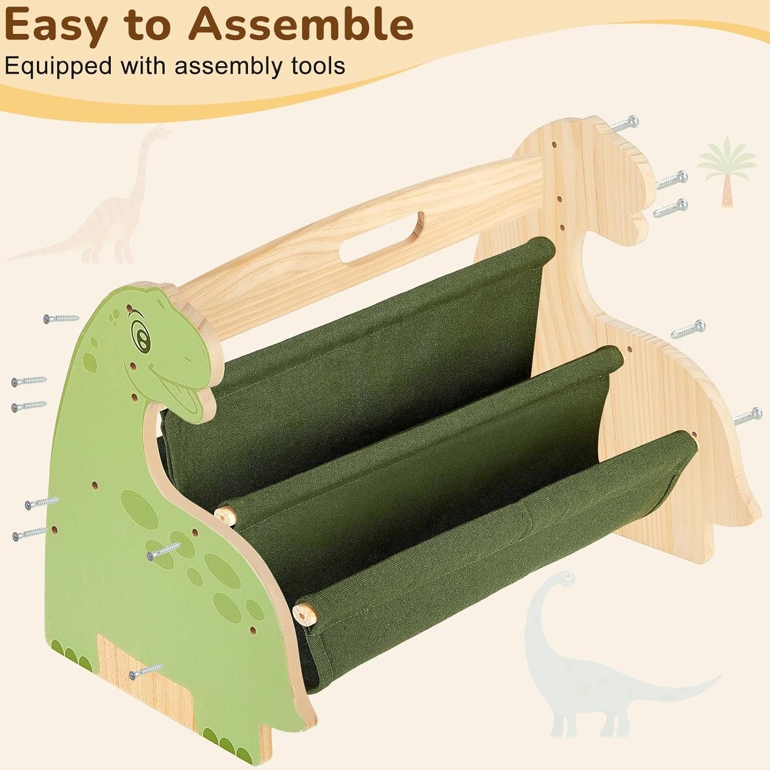 Toddler Bookshelf Double-Sided with 4 Tier Deep Sleeves Kids Wooden Montessori Book Rack for Baby Nursery Room, Playroom, Classroom or Bedroom Bookcase Storage Organizer, Green Dinosaur