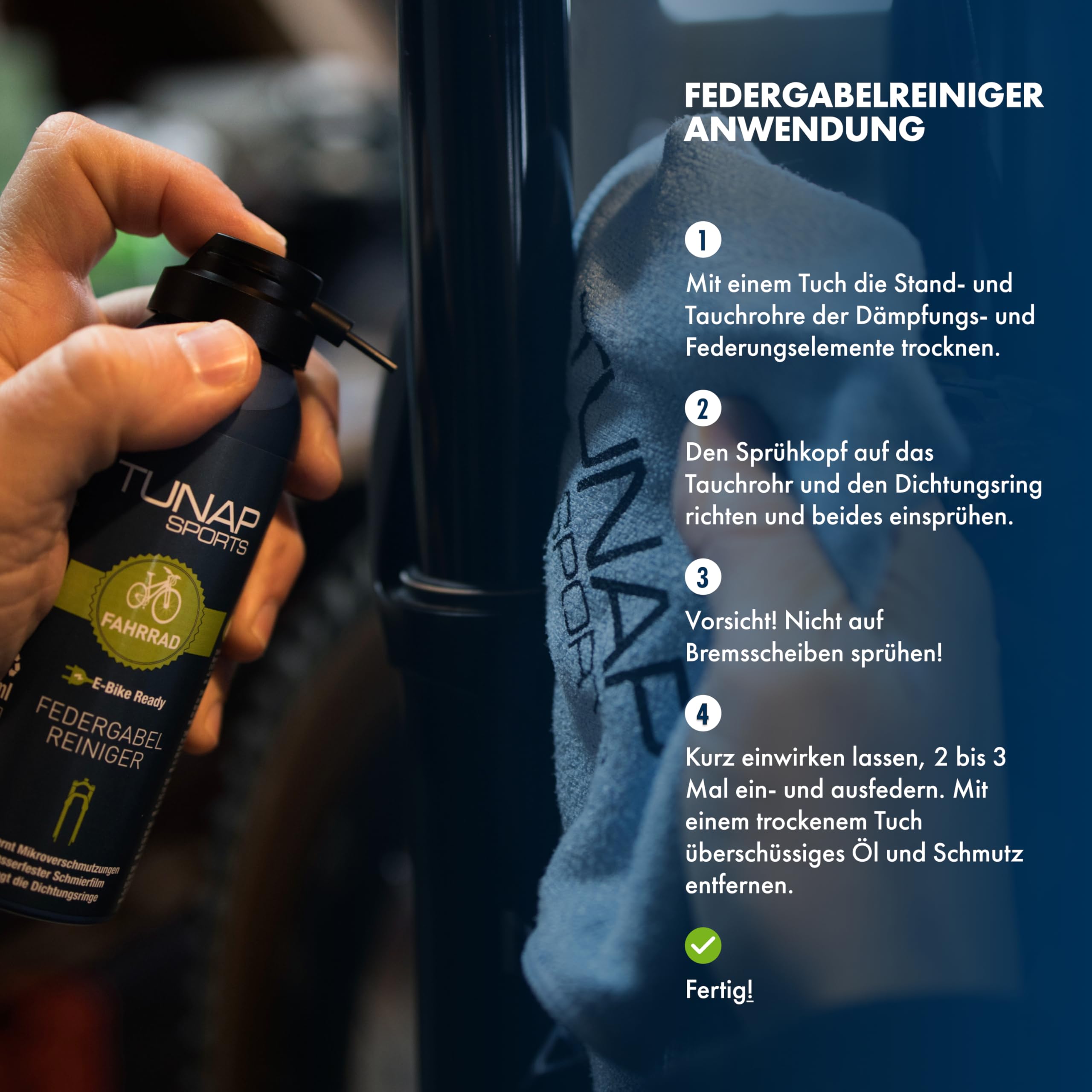 TUNAP SPORTS Bike-Pflege-Set | Komplettes Pflegeset für Reinigung & Wartung | Inkl. Federgabel- & Fahrradreiniger sowie Multifunktionsöl & Rahmenpflege | Mikrofasertuch & Bürste | Made in Germany