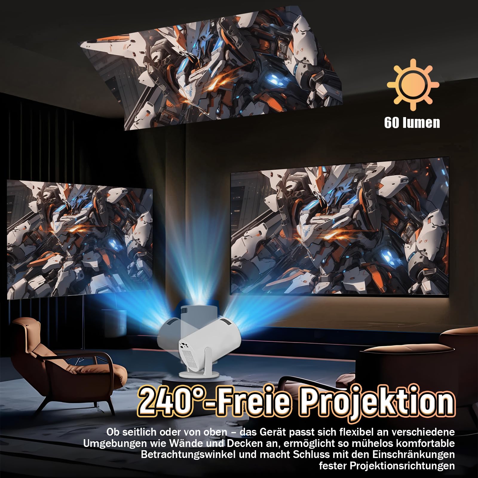 Mini Proyector V4 para Dormitorio/Exteriores,Proyector Inteligente c/WiFi 2.4 GHz+D3100,Proyectors Portátil+HD-IN,480×360p,60 Lúmenes,Compatible c/Smartphones/TV(Blanco) (Wired)