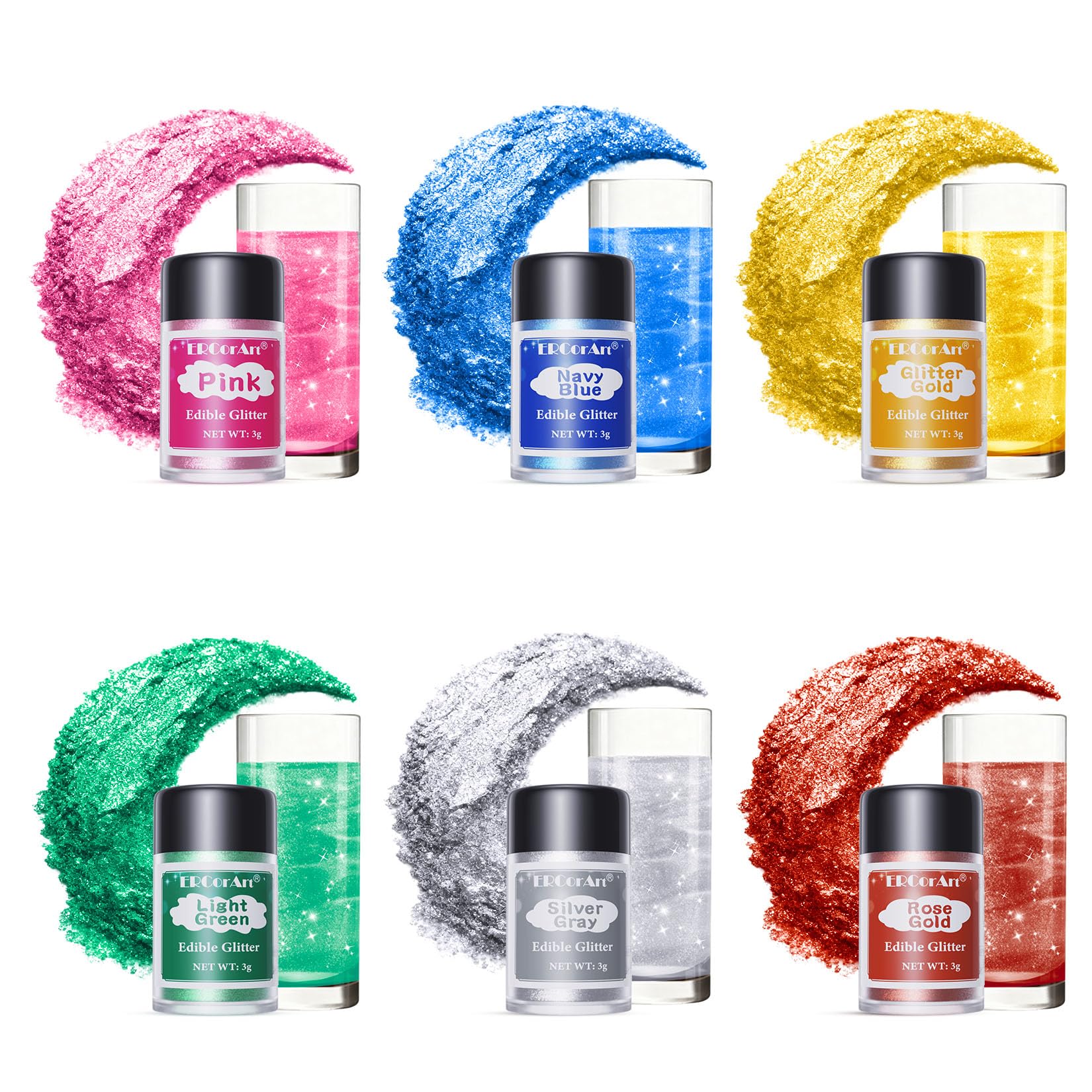 Edible Glitter - 6 Colors Luster Dust Edible, Food Grade Cake Decorating Shimmering Glitter for Drinks, Powder Glitter for Fondant, Chocolate, Candy, Cookie- 3g, Vegan