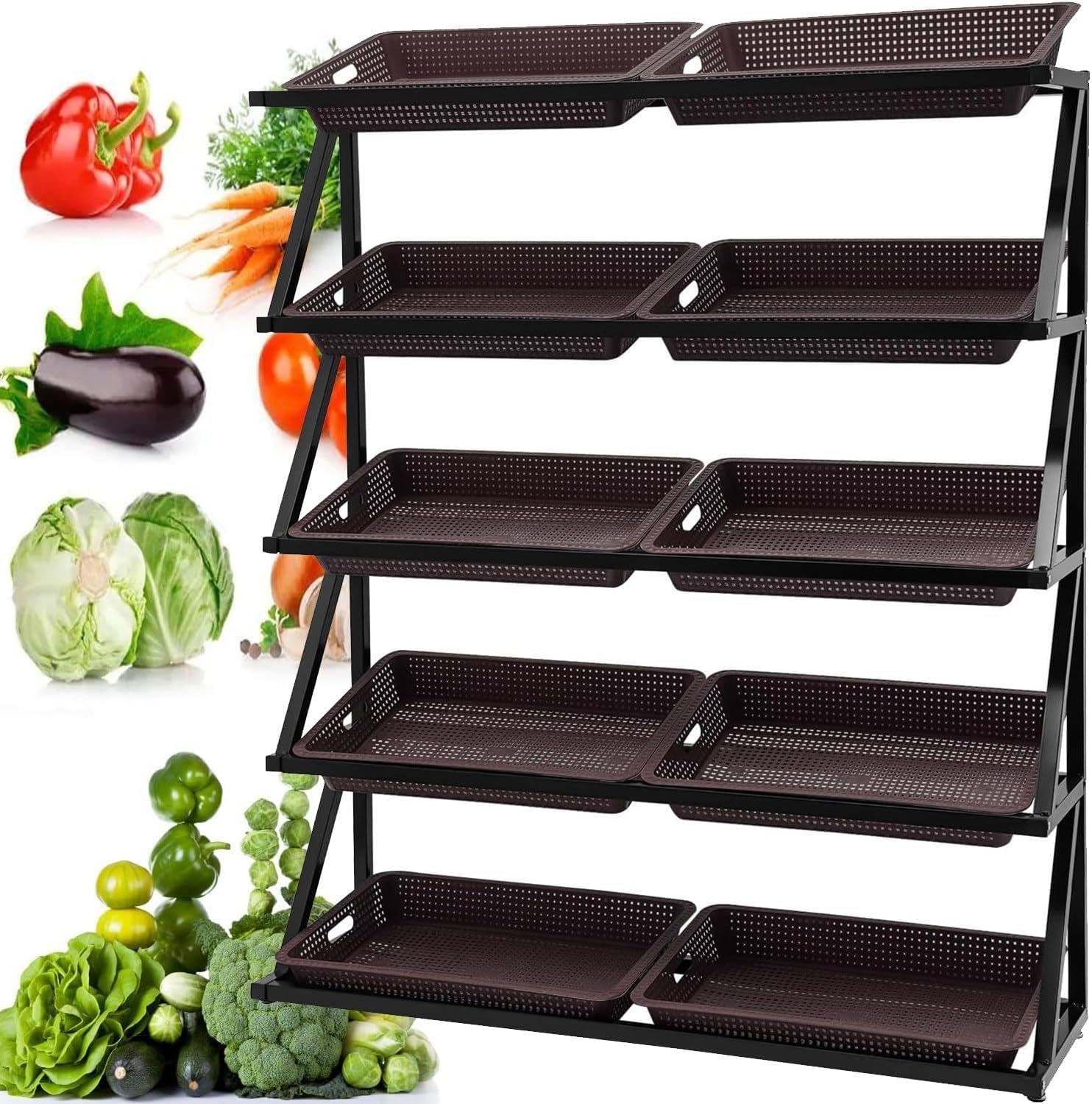 Memykoy Supermarket Fruit Vegetable Display Shelf with 8/10 Baskets, 4/5 Layer Market Stand for Retail Pantry Convenience Stores, Large Capacity Snack Storage Organizer Brown-5Tier