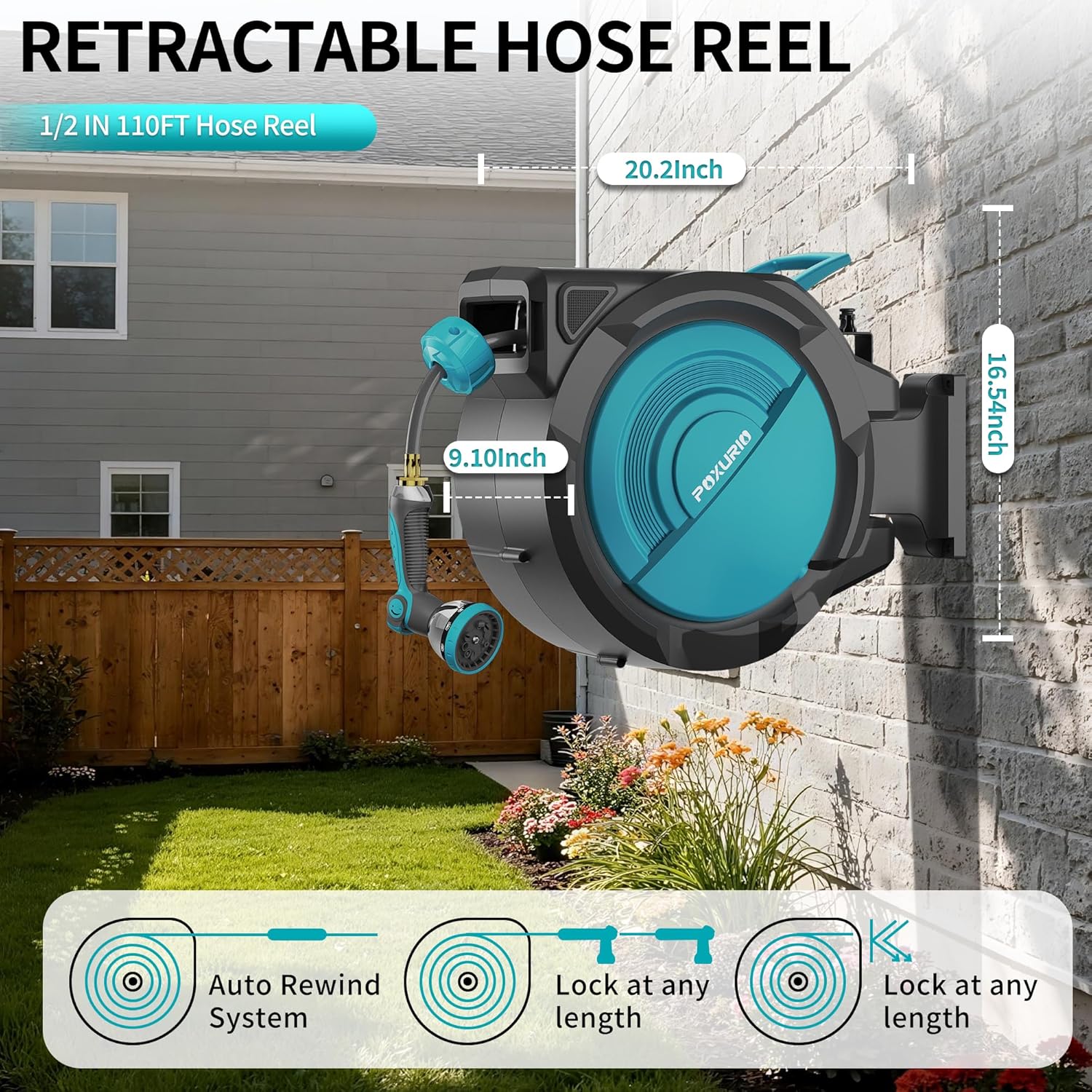 1/2 in x 110 ft Retractable Garden Hose Reel, Wall Mounted Automatic Hose Reel with Upgraded 10 Pattern Nozzle/Any Length Lock/Slow Return System/180°Swivel Bracket, AquaBlue
