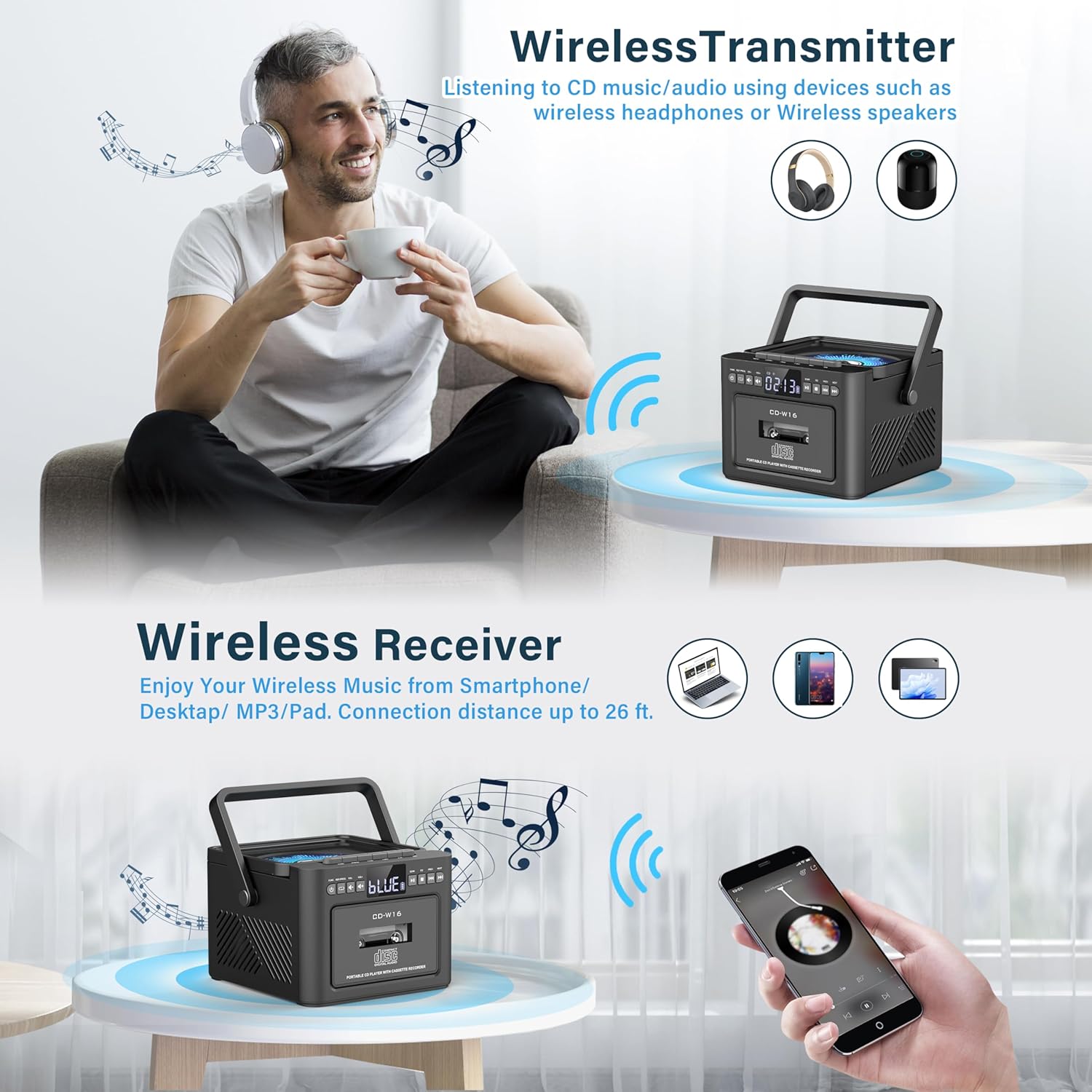 Two scenarios: a man listening to the Greadio GB-W18 Boombox wirelessly with headphones, and a hand controlling music on a smartphone connected to the boombox via Bluetooth.