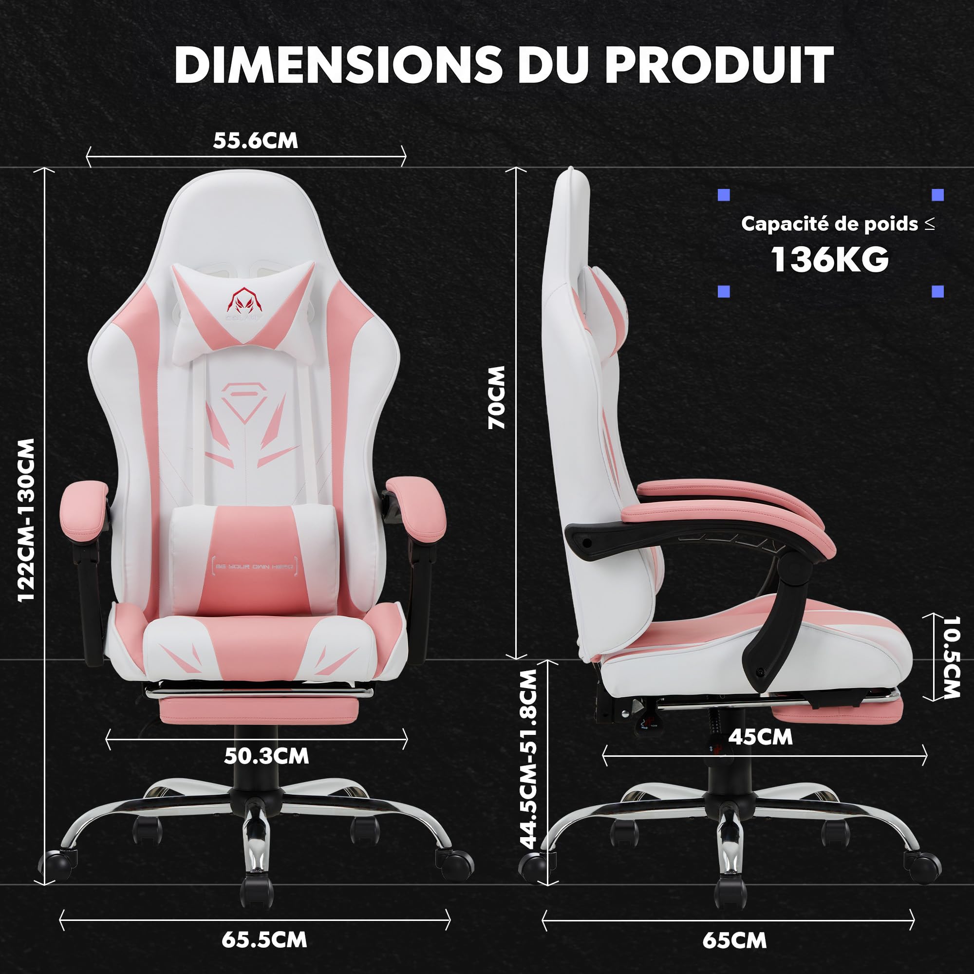 COLAMY Chaise Gamer, Chaise d'ordinateur avec Repose-Pieds et Soutien Lombaire, Chaise de Gaming réglable en Hauteur avec Assise pivotante à 360° et Appui-tête, Chaise PC pour Joueur, Rose