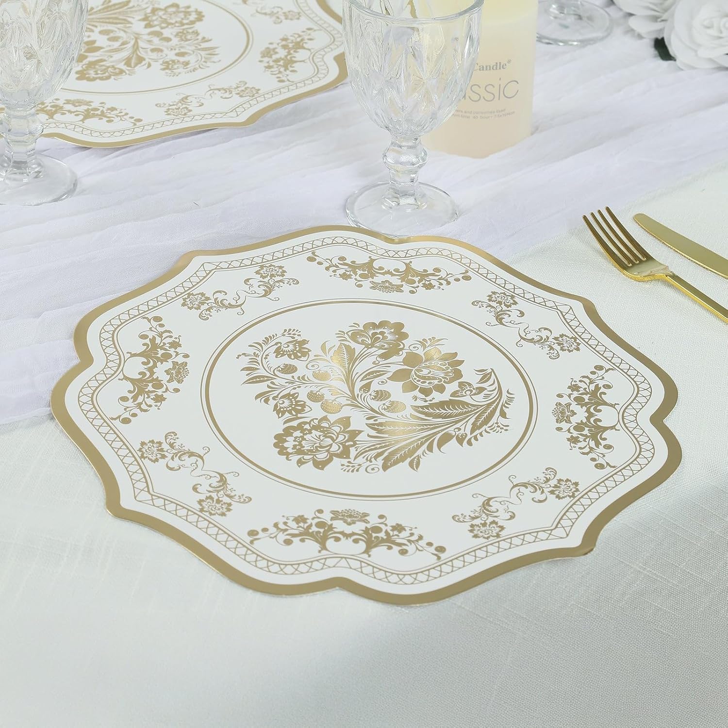 Efavormart 10-Pack 13" White and Gold Damask Floral Cardboard Placemats; 400 GSM Heavyweight Paper Charger Plates with Scalloped Rim for Formal Galas and Holiday Tables