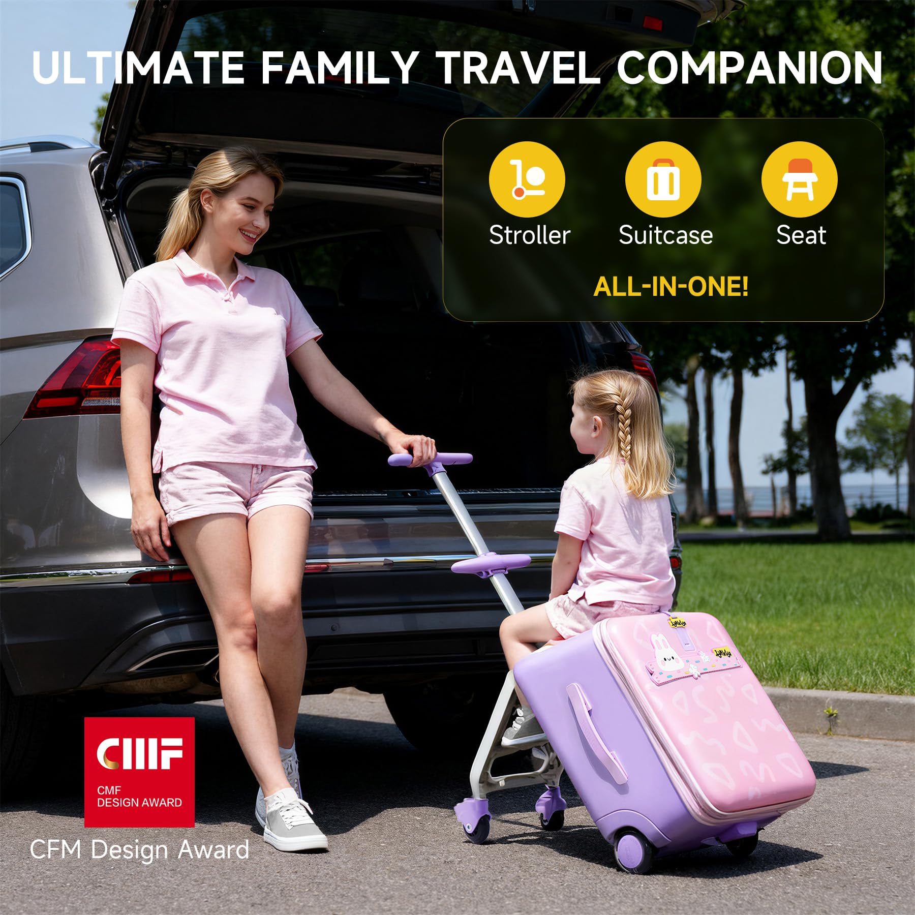 Jovikids Kinderkoffer zum Draufsitzen, 3 in 1 32L Trolley Kinder mit Teleskopstange und 4 Rollen, Reisekoffer Kinder, Faltbar und abnehmbar, mehrere Fächer (Rosa)