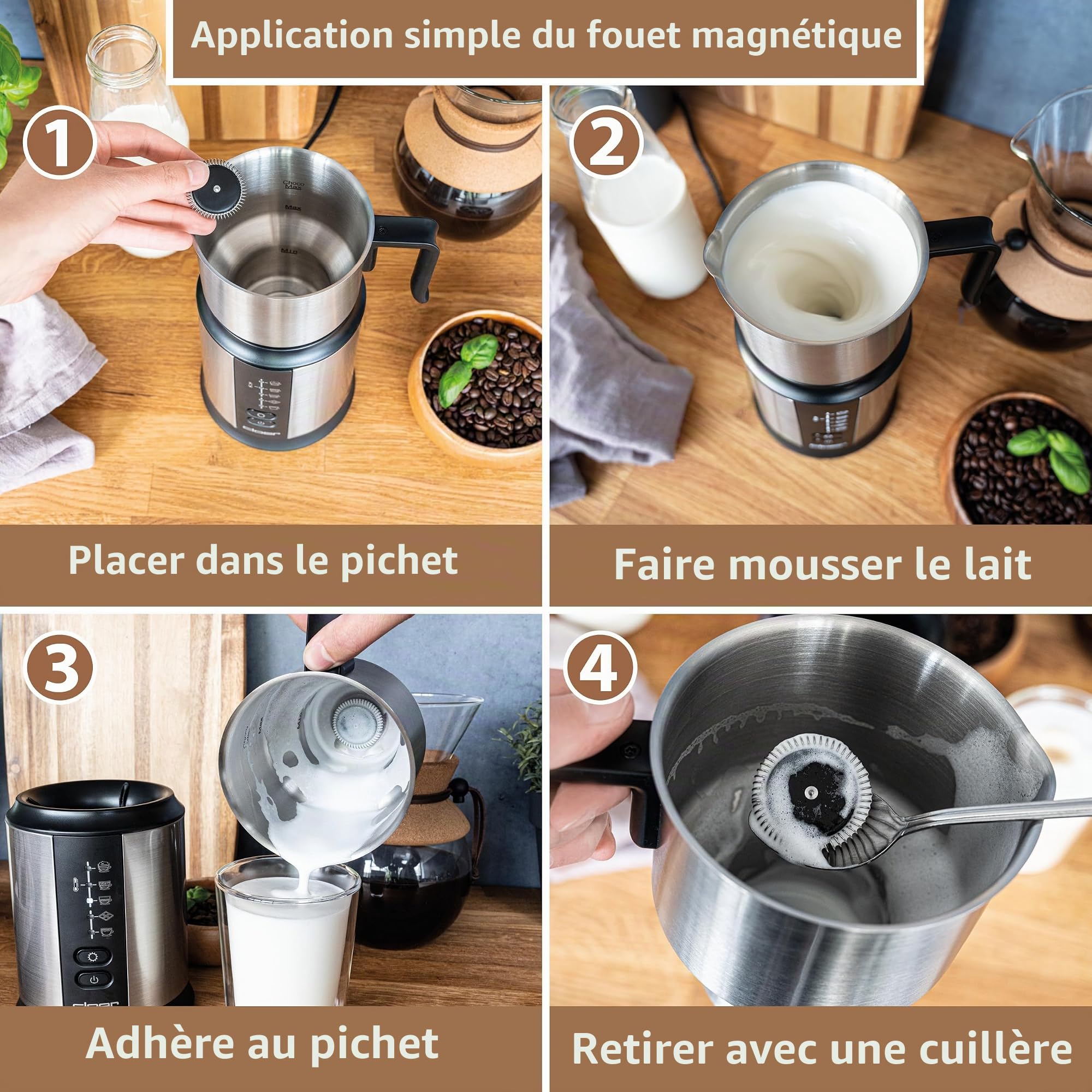 Cloer 7789 Mousseur à lait à induction XL800, mousse de lait 600 ml, chocolat chaud 500 ml, récipient 800 ml, commande électronique, 500 W, bobine de mousse magnétique, verseuse en acier inoxydable