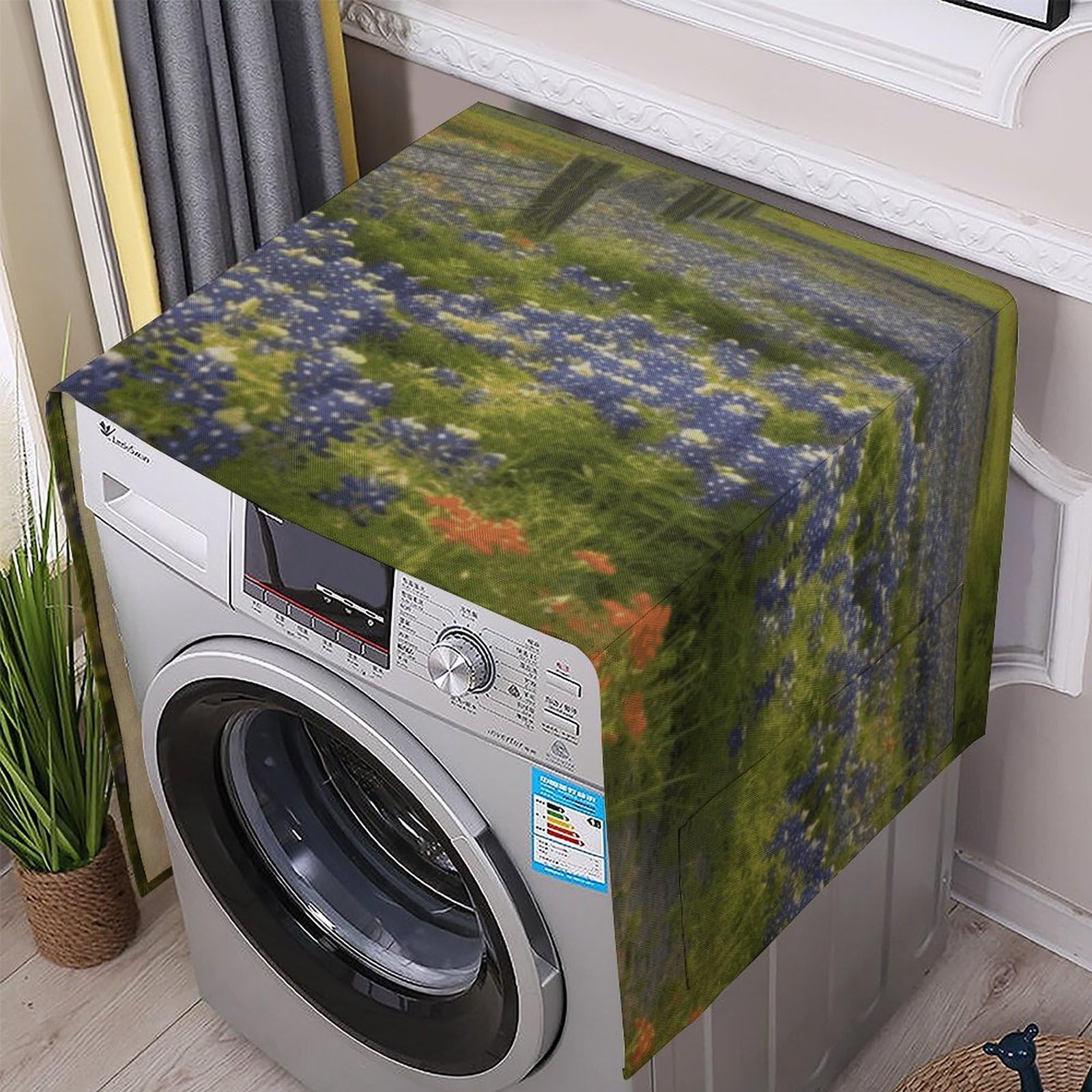 Fodpand White Washing Machine Cover For Top Load Dustproof Texas Bluebonnets Scenery Washer And Dryer Cover With Storage Pockets Household Appliance Covers Washable Top Protector Mat Pad For Laundry & Kitchen