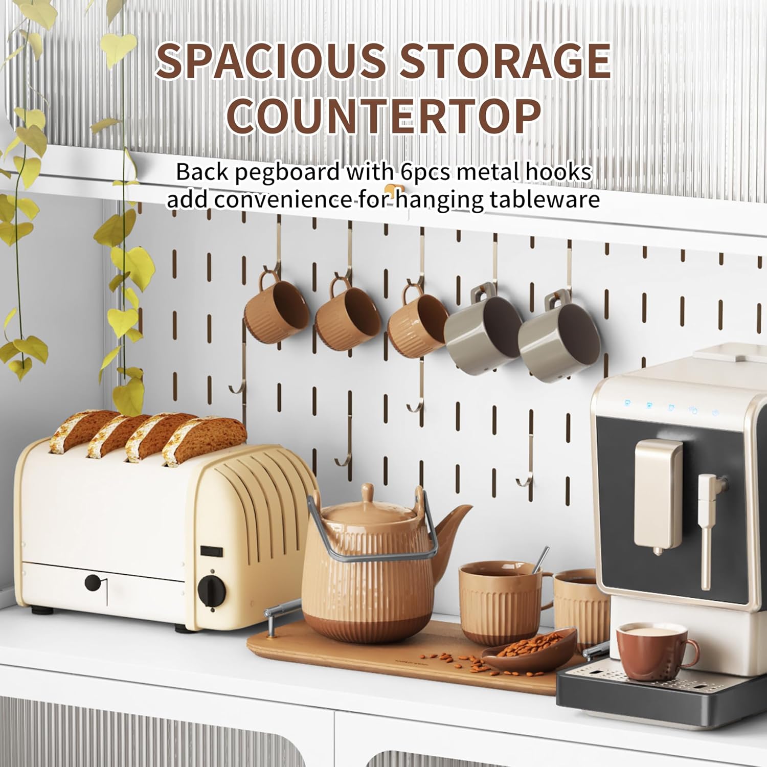 66" Pantry Cabinet with Adjustable Shelf on Wheels, Tall Kitchen Pantry Storage Cabinet with Microwave Stand, Metal Hutch Cabinet with Pegboard for Dining Room, Living Room, White