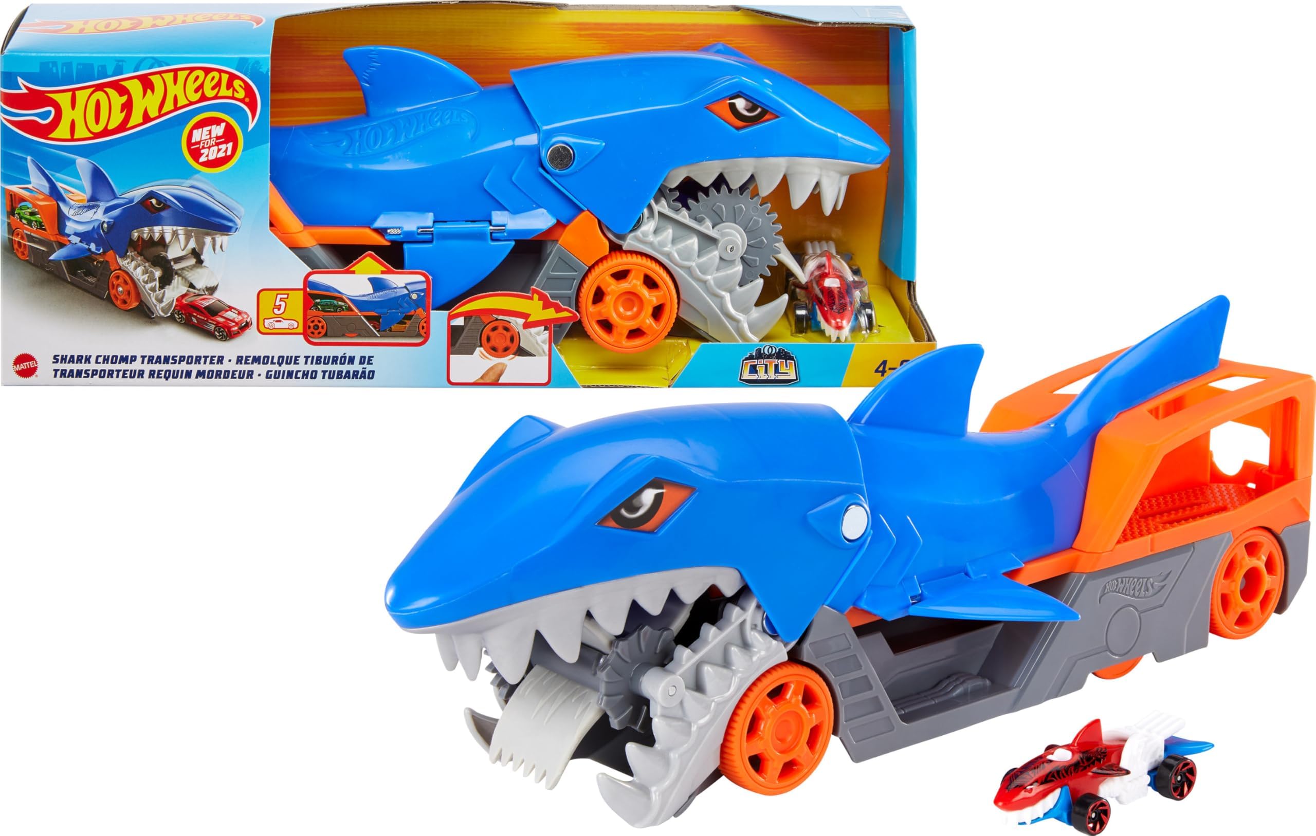 Shark Chomp Transporter Playset with One 1:64 Scale Car for Kids 4 to 8 Years Old