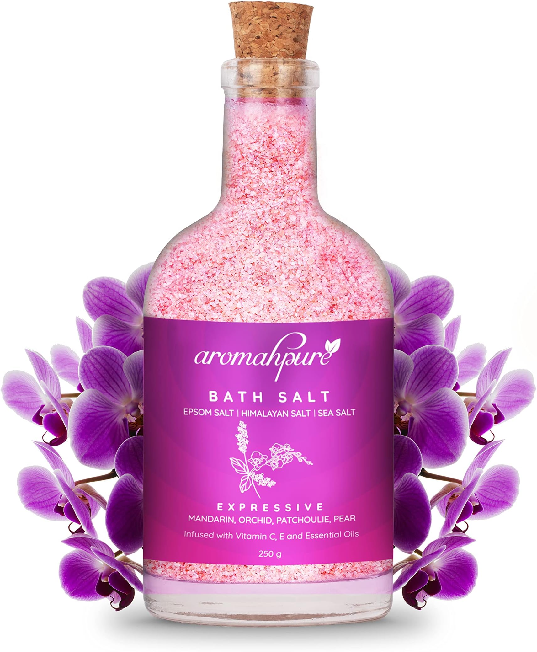 100% Natural Bath Salt with Essential Oils (Mix of Epsom Salt, Himalayan Salt, and Sea Salt, Vitamin C & E) for Body & Foot Spa, Relaxing Aromatherapy - Expressive Fragrance (Mandarin, Orchid, Patchouli, Pear) to Relax Mind and Body (250gm)
