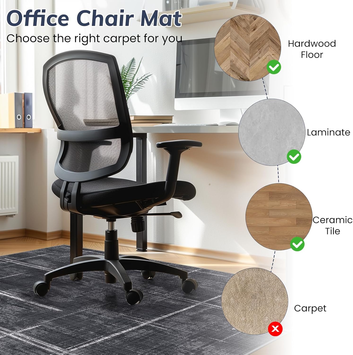 Office Chair Mat for Hardwood Floor&Tile Floor,48" X 60 Heavy Duty Desk Chair Mat for Hard Floors,Under Desk Rug for Rolling Computer Chair,Anti Slip,Low Pile Carpet Floor