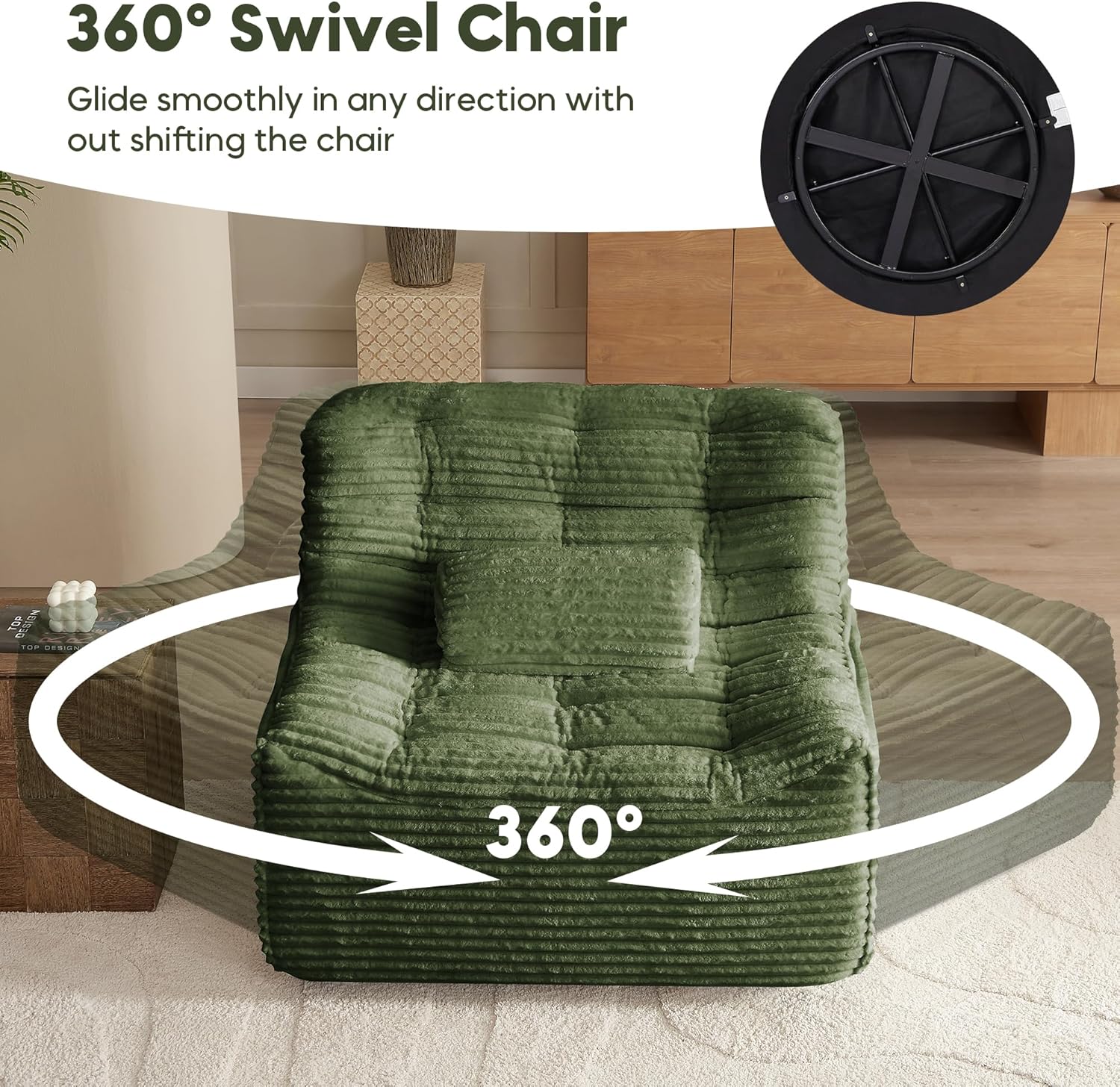 Vyneltio Oversized Swivel Accent Chair, Corduroy Upholstered Book Nook Chair, Big Lazy Sofa Chair for Living Room Bedroom Dorm Office-Green