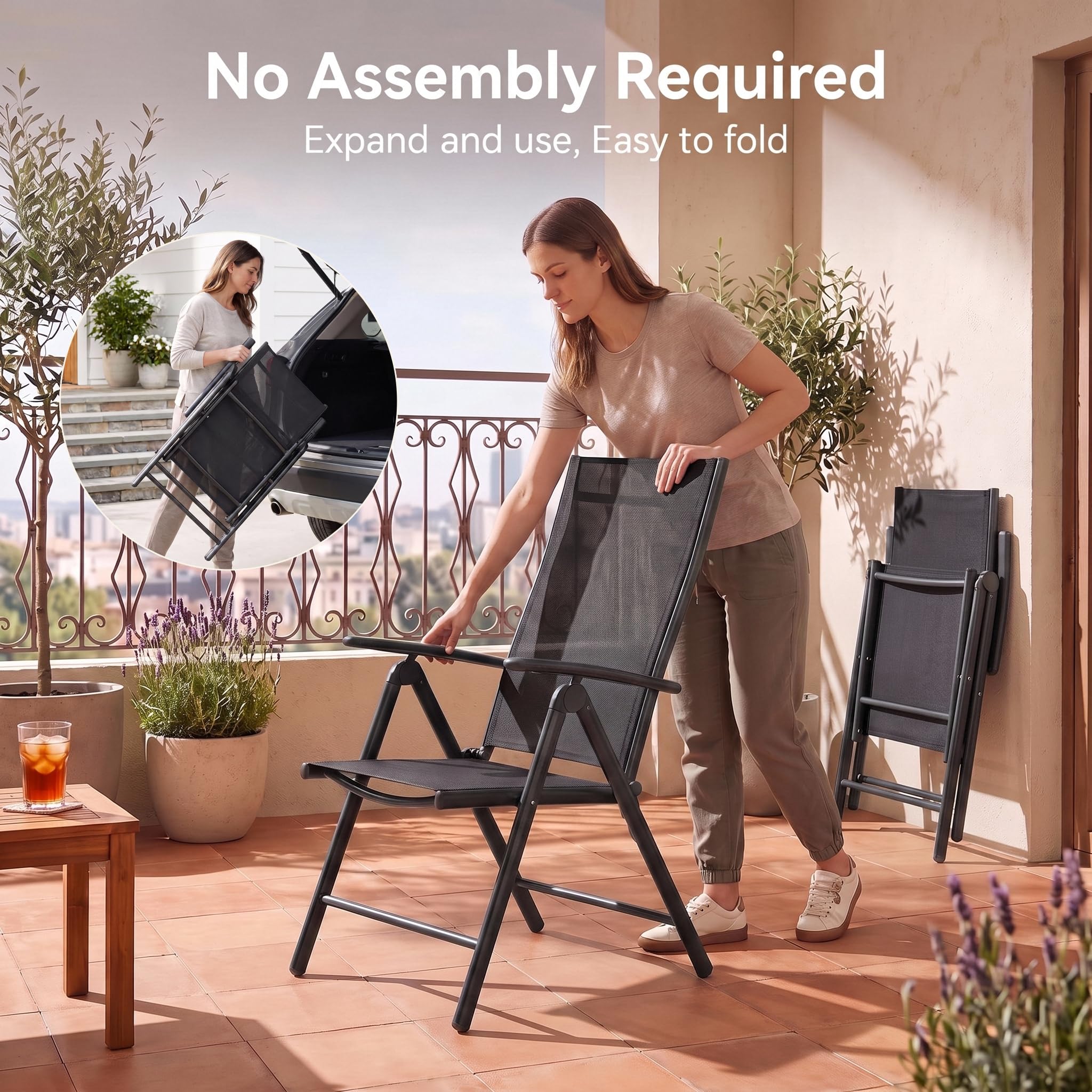 LIFERUN Set da 2 Sedie da Giardino in Alluminio,Sedie Pieghevoli da esterno | Schienale Regolabile in 7 Posizioni, Facili da Lavare, Salva Spazio, Max Portata 120 kg, per Balcone o Campeggio, Nero
