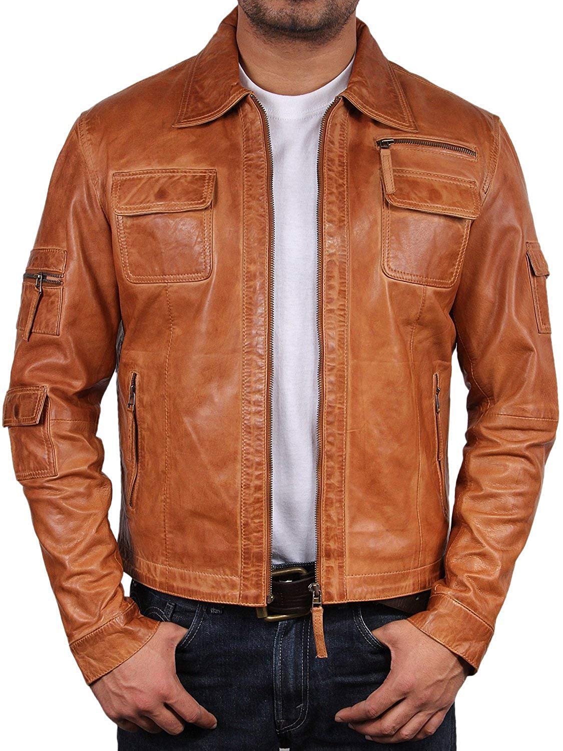 Brandslock Men's Tan Genuine Leather Biker Jacket Slim Fit Vintage (L, )