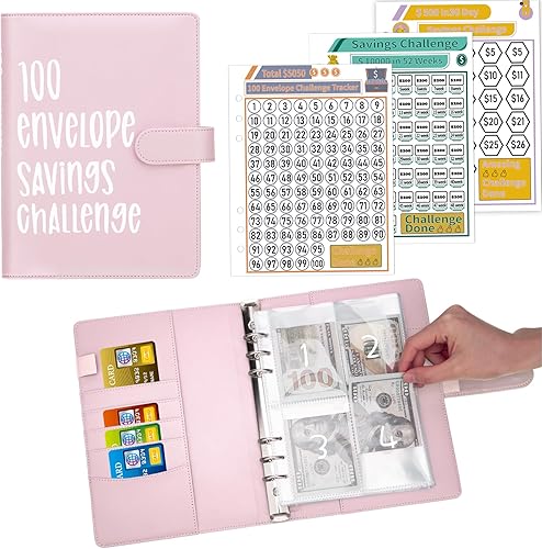 Vista 22 de Ndsox Carpeta de desafíos de ahorro de dinero con 100 sobres, carpeta de presupuesto A5 con sobres de efectivo, libro de desafíos de ahorro