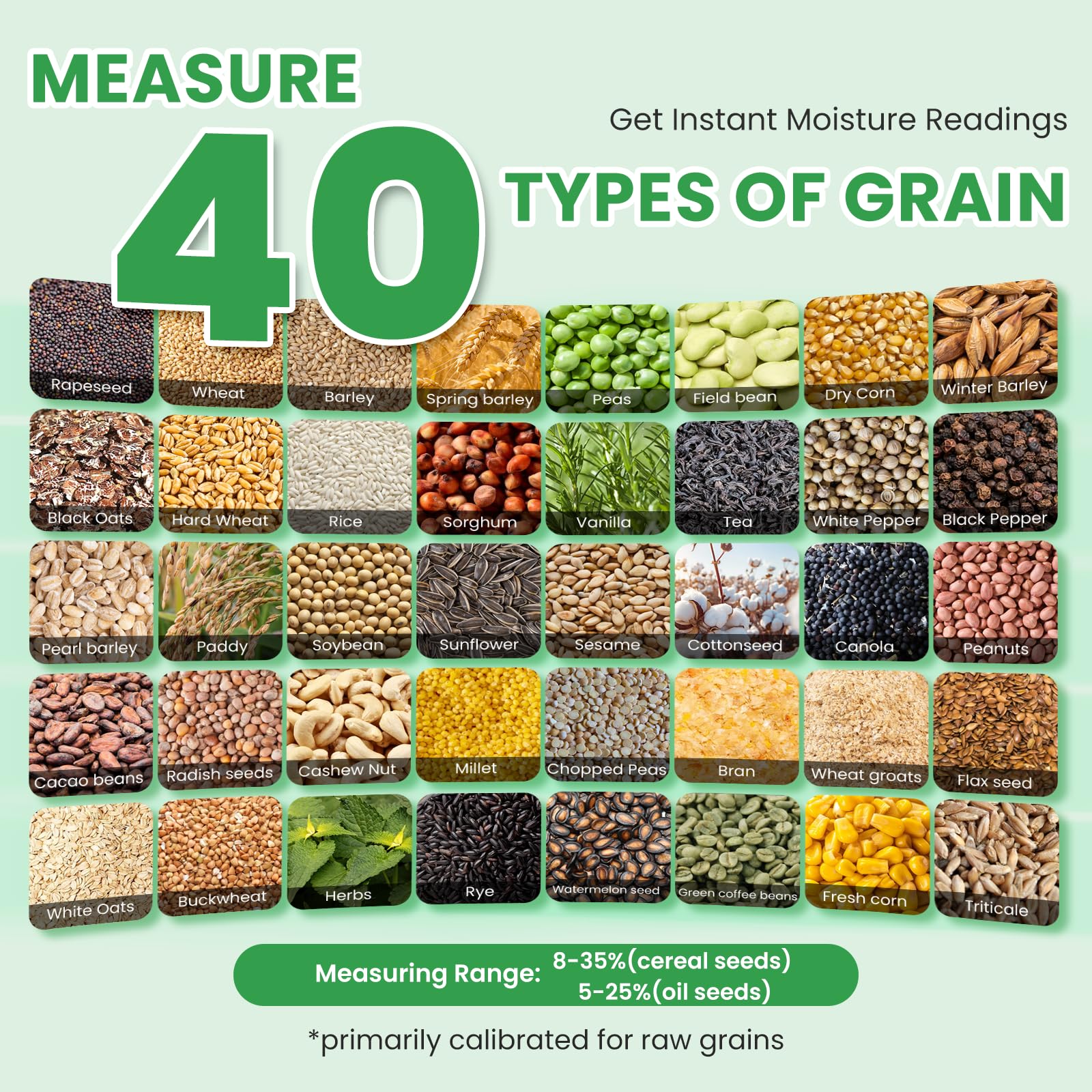 Huanyu Getreide Feuchtigkeitsmessgerät Grain Moisture Meter für 40 Sorten, ±0.5% Genauigkeit, Feuchtigkeitsmesser mit 14 Sprachen inkl. Deutsch, Temperaturkompensation, für Weizen, Rohkaffee und mehr